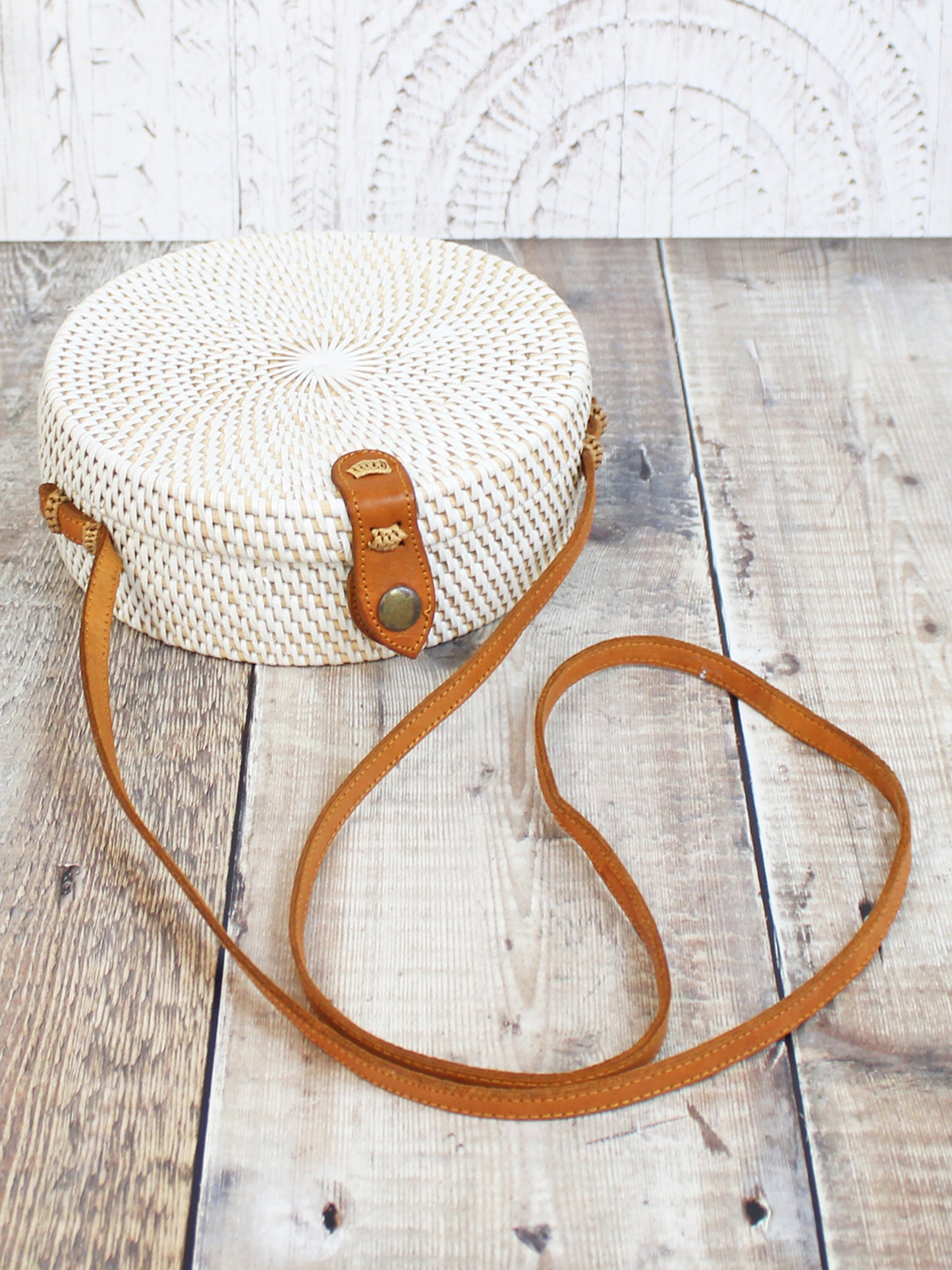 Round White Rattan Bag with Batik Fabric Lining