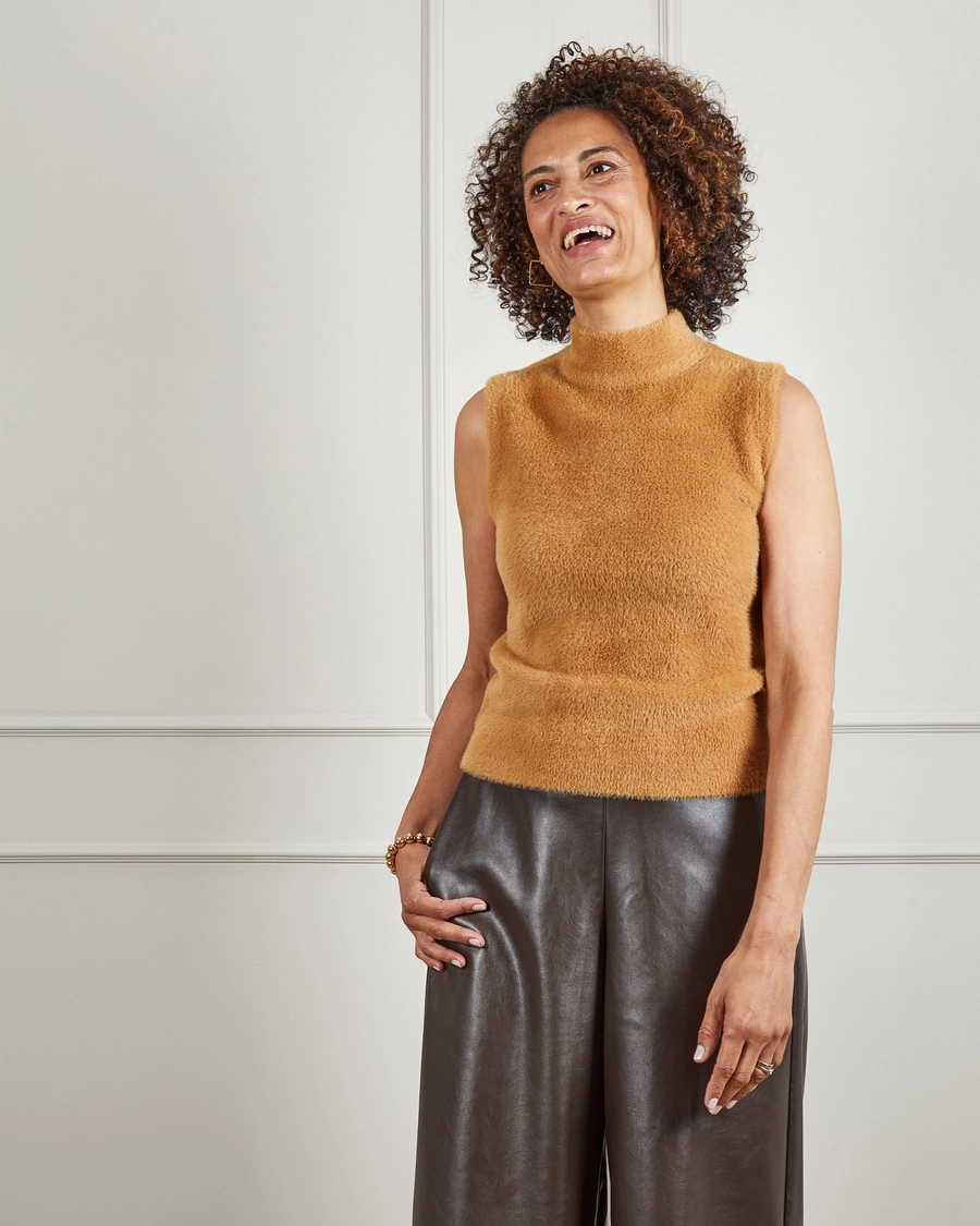 Tan Sleeveless High Neck Jumper