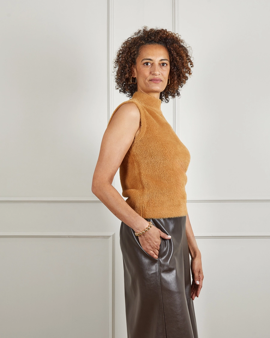 Tan Sleeveless High Neck Jumper - Rosy