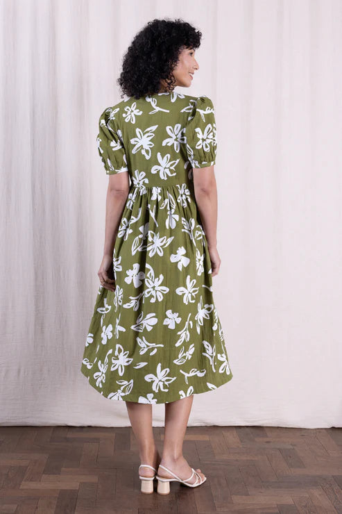 Verdant Cotton Poplin Angled Puff Sleeve Dress | Nomads ZN2221VDT