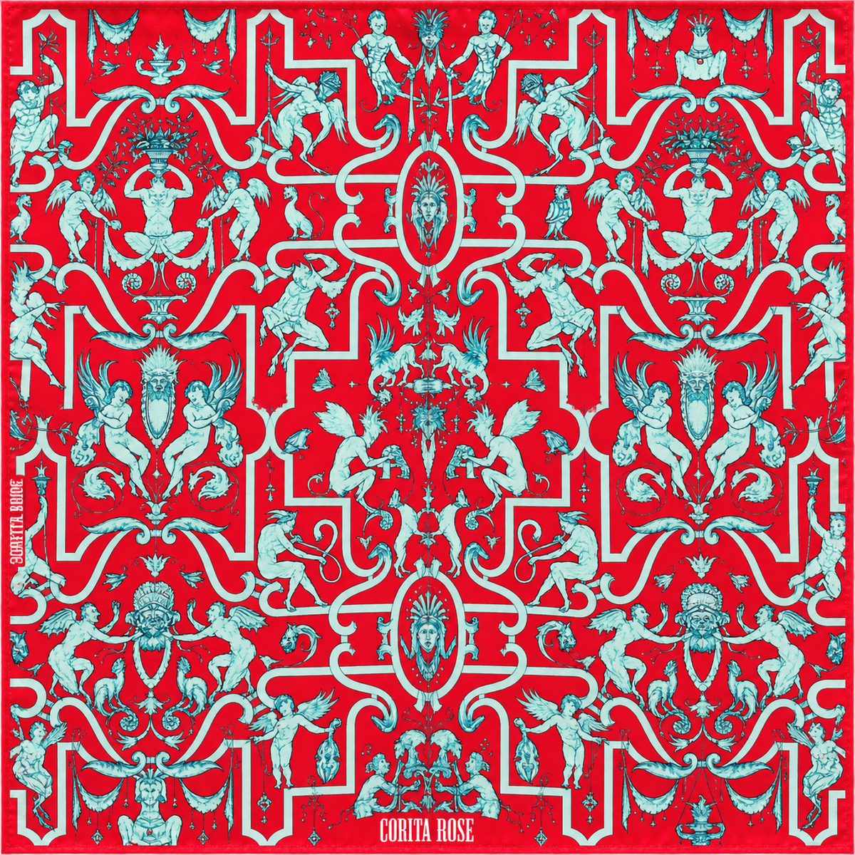 Corita Rose Mythology Print 100% Silk Square Scarf – Red