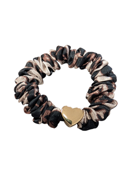 Dark Leopard Satin Scrunchie - Gold Heart
