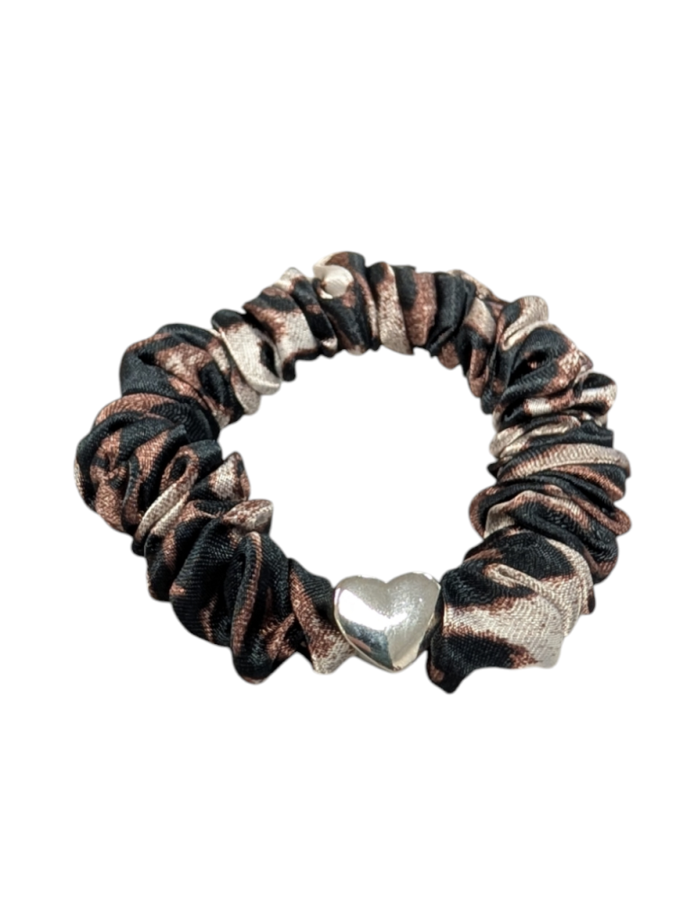 Dark Leopard Satin Scrunchie - Silver Heart