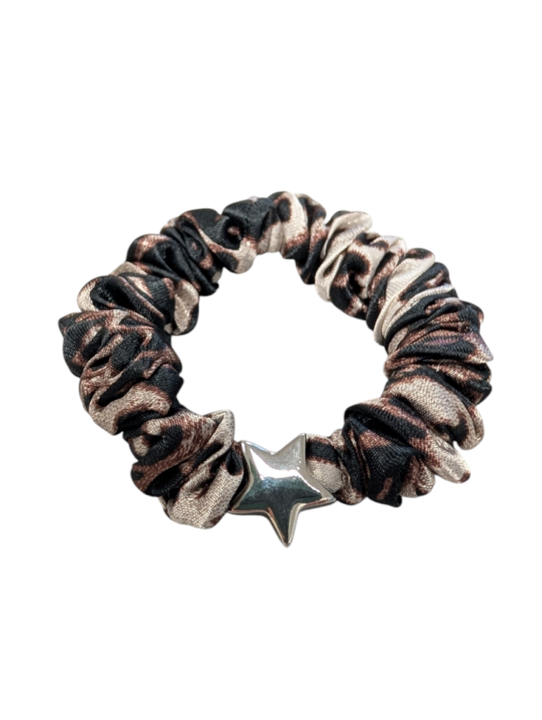Dark Leopard Satin Scrunchie - Silver Star