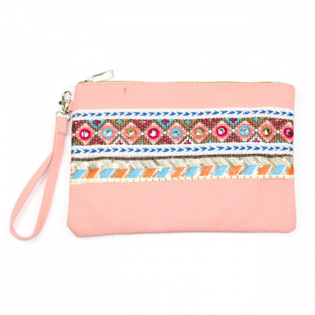 Pink embroidered clutch bag