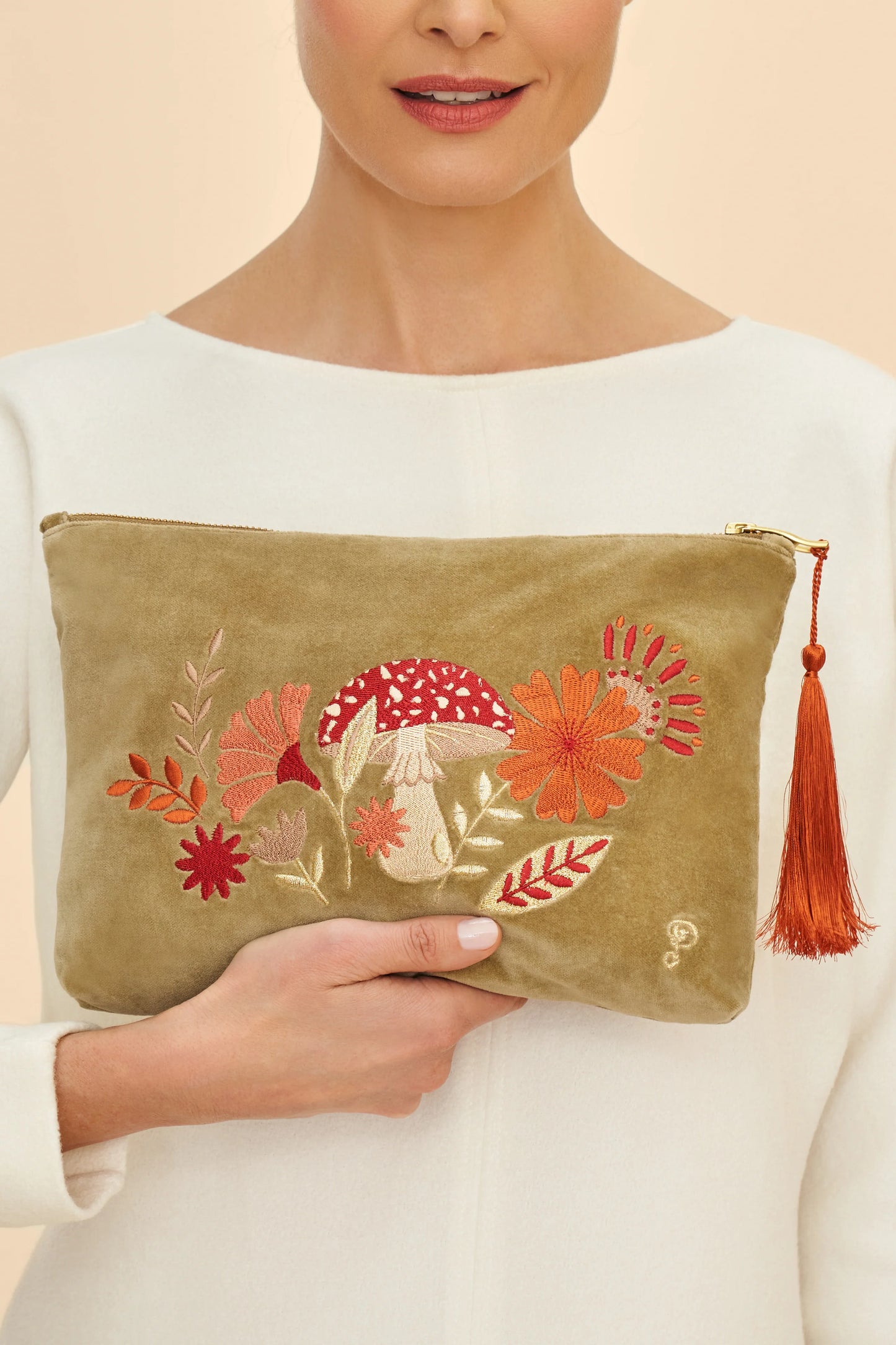 Velvet Toadstool Embroidered Zip Pouch