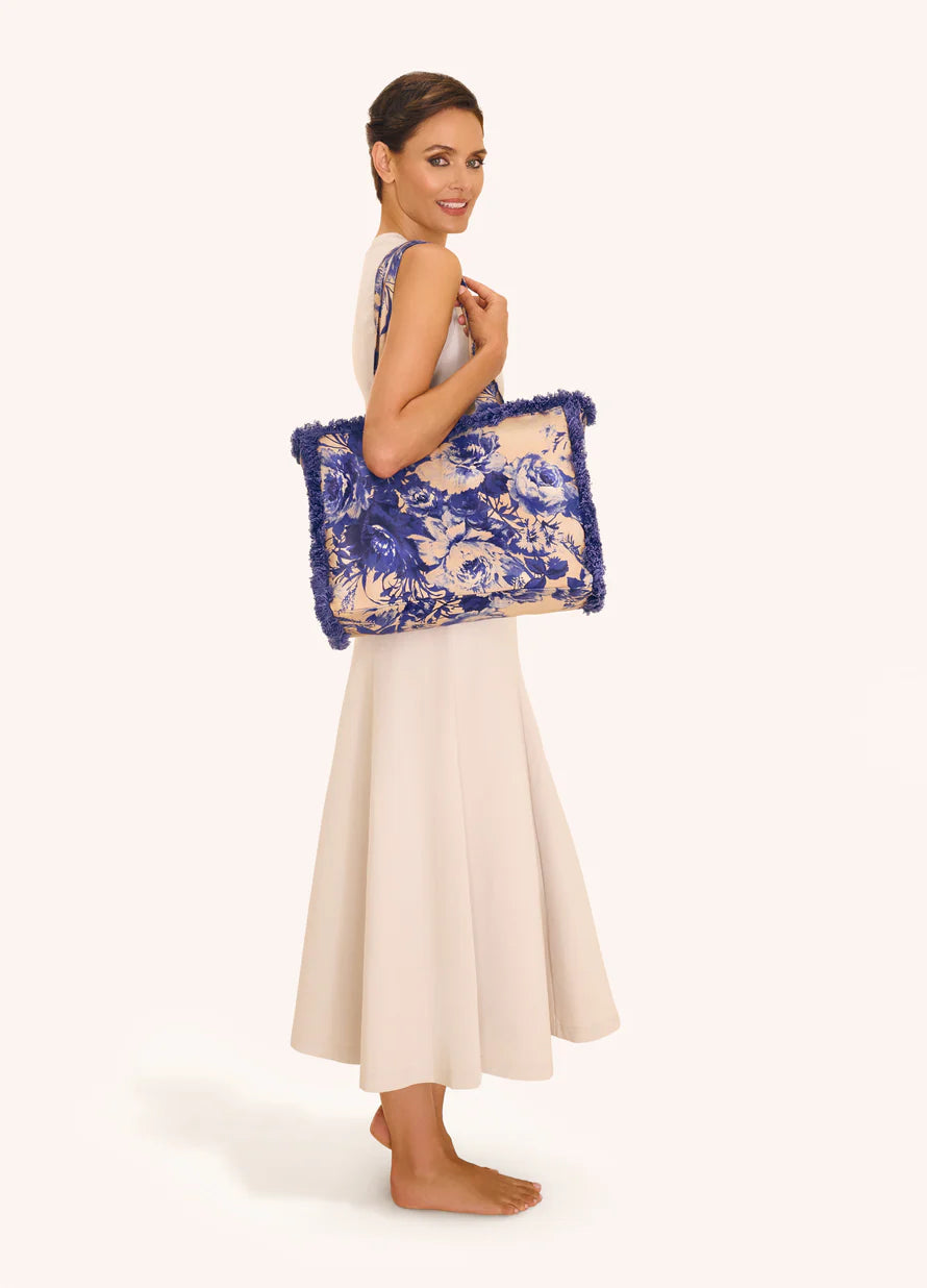 China Blue Fringed Box Tote Bag