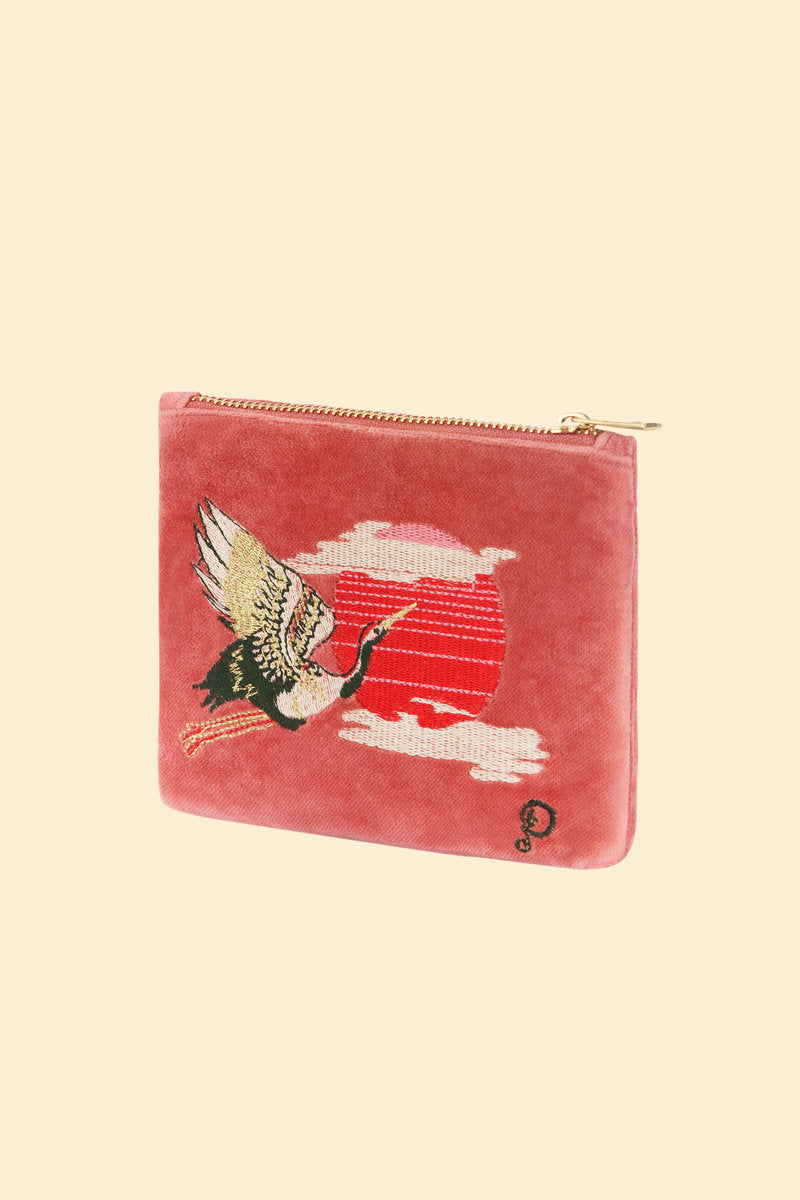 Pink embroidered velvet mini pouch