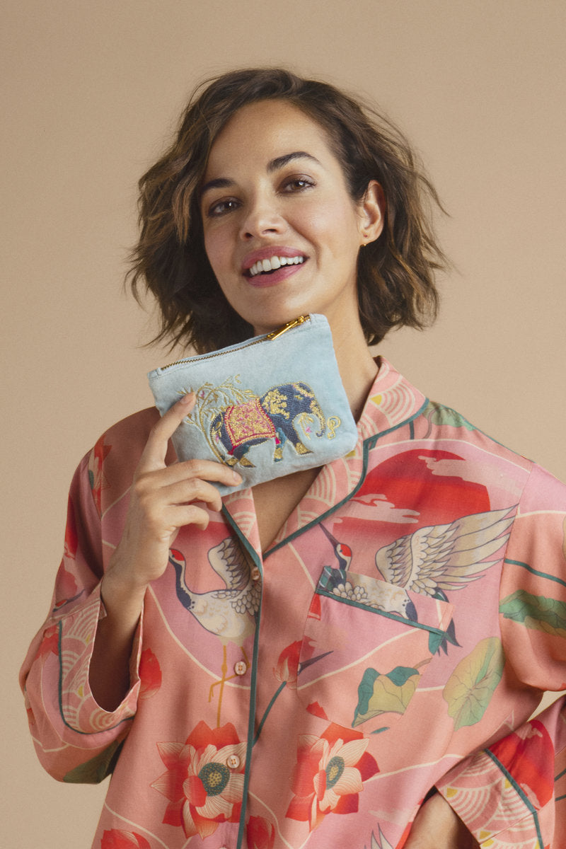 Elephants Cornflower Velvet Mini Pouch