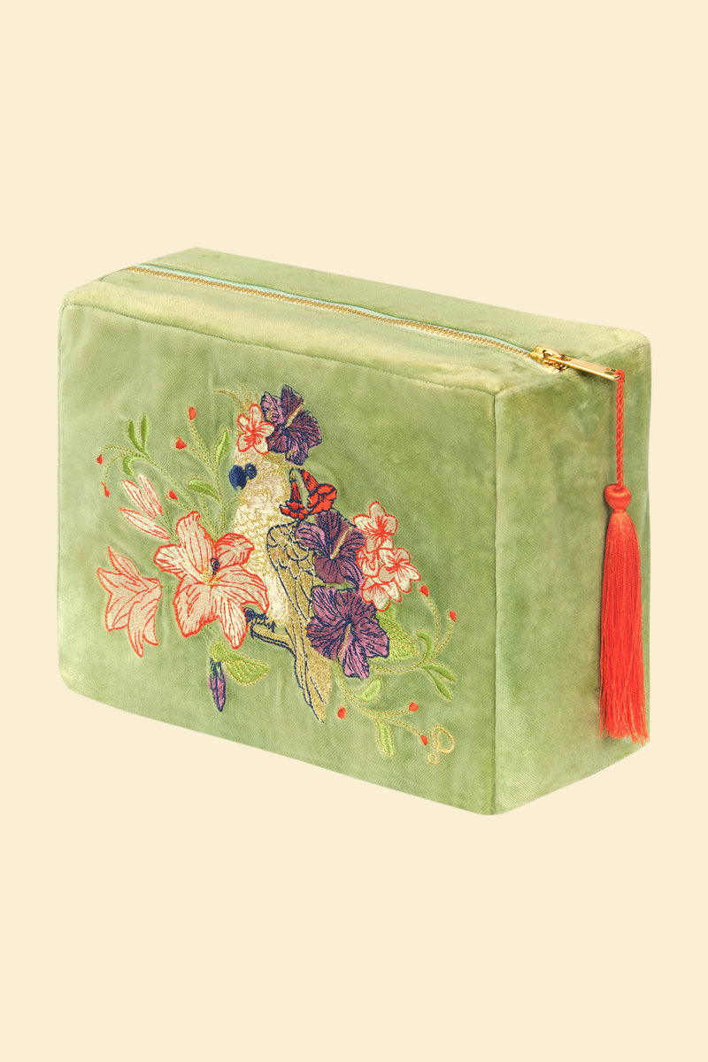 Sage green velvet embroidered wash bag