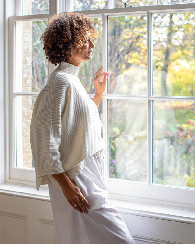 Ivory Cotton Rib Funnel Neck Jumper - Vicki