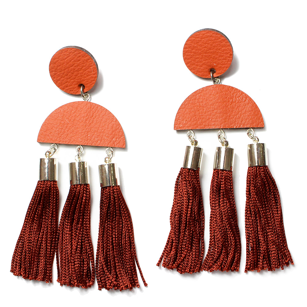 Dark Horse Luna Leather/Tassel Ear-Rings - Terracotta