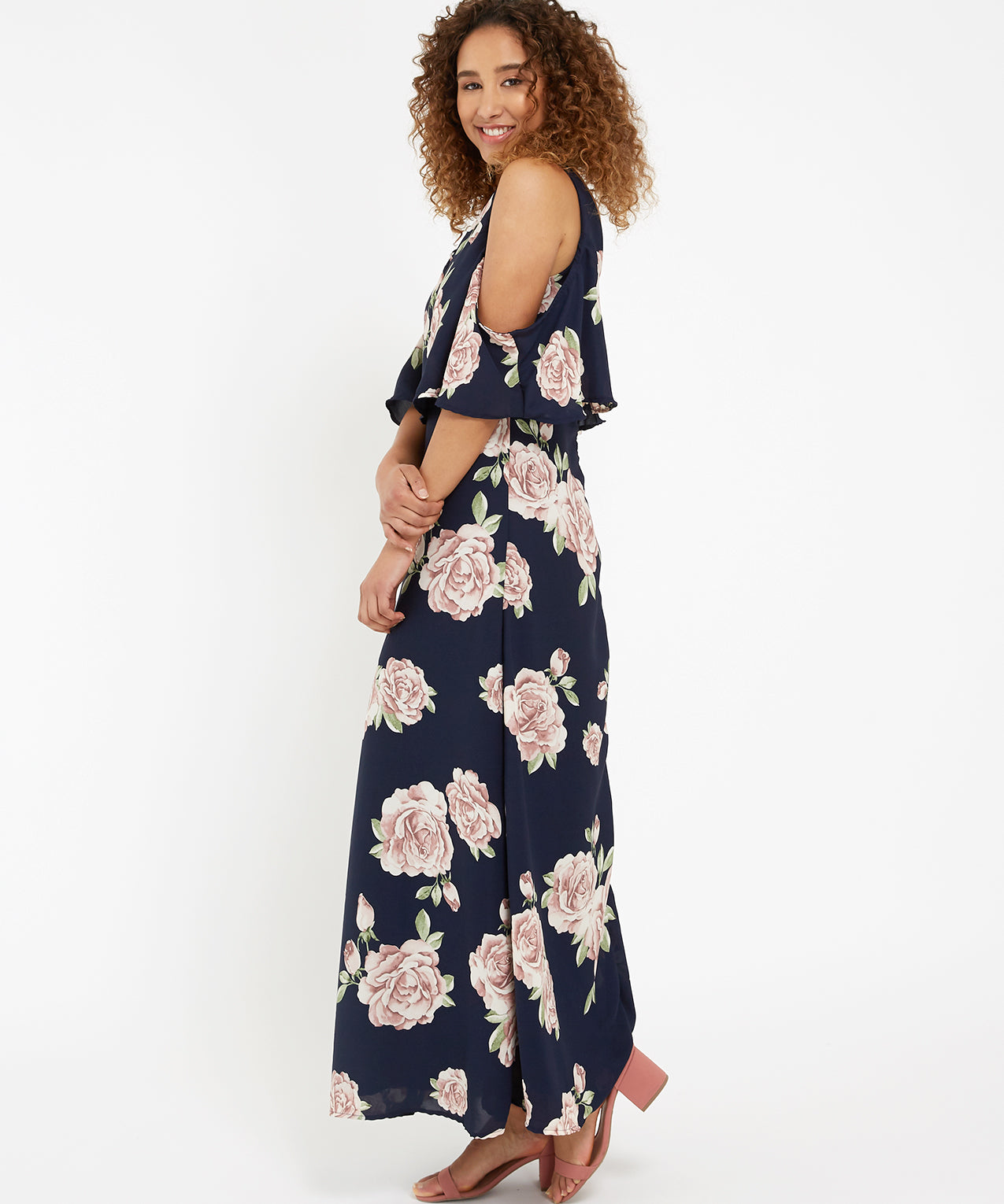 Navy & Pink Roses Print Maxi Dress