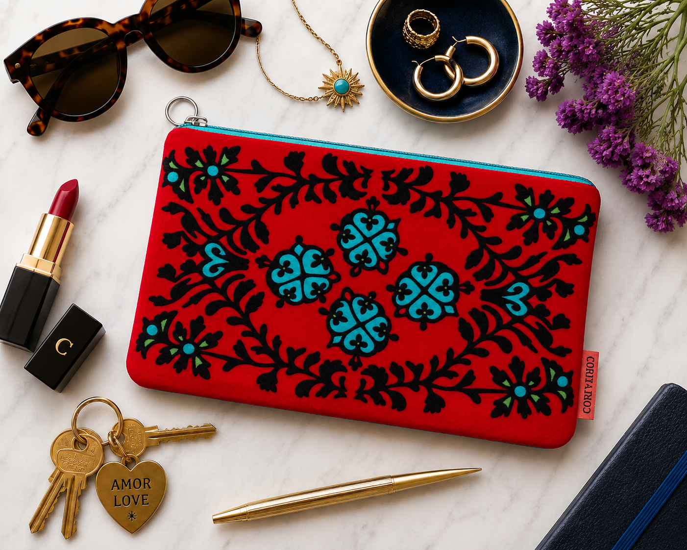 Corita Rose Ornate Large Velvet Clutch Pouch – Red