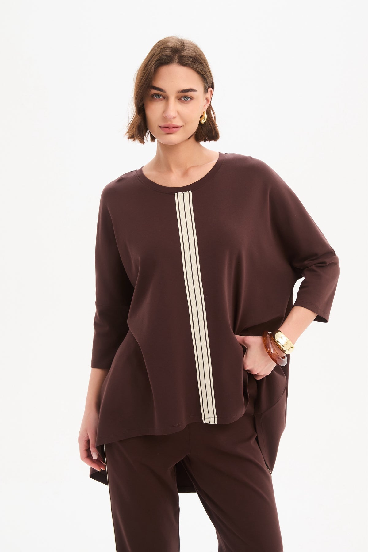 Tirelli Oversized Stripe Detail Top – Chocolate | 26A3802