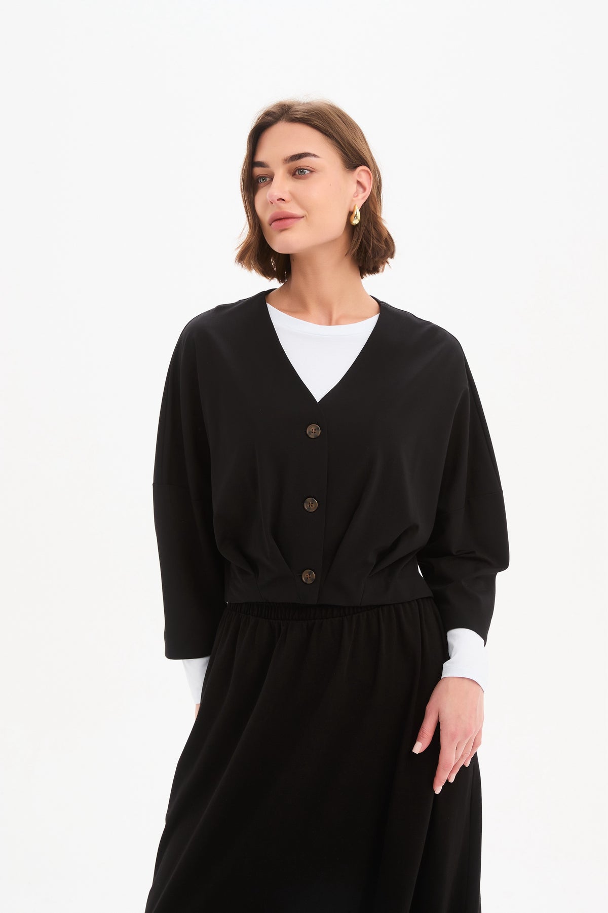 Tirelli Pleat Detail Cropped Cardigan – Black | 25A3728