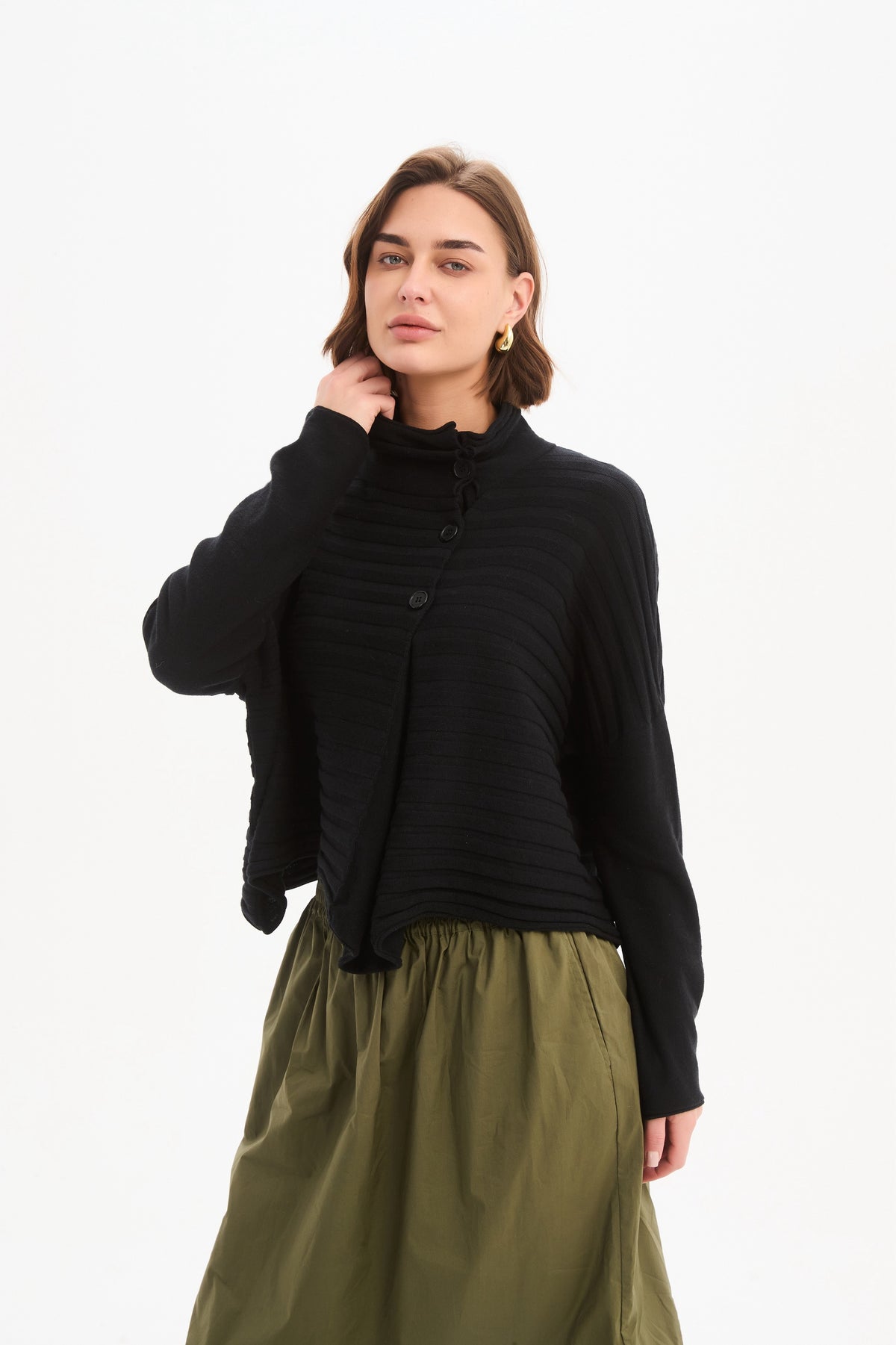 Tirelli Oversized Cowl Neck Button Knit – Black | 25K3599