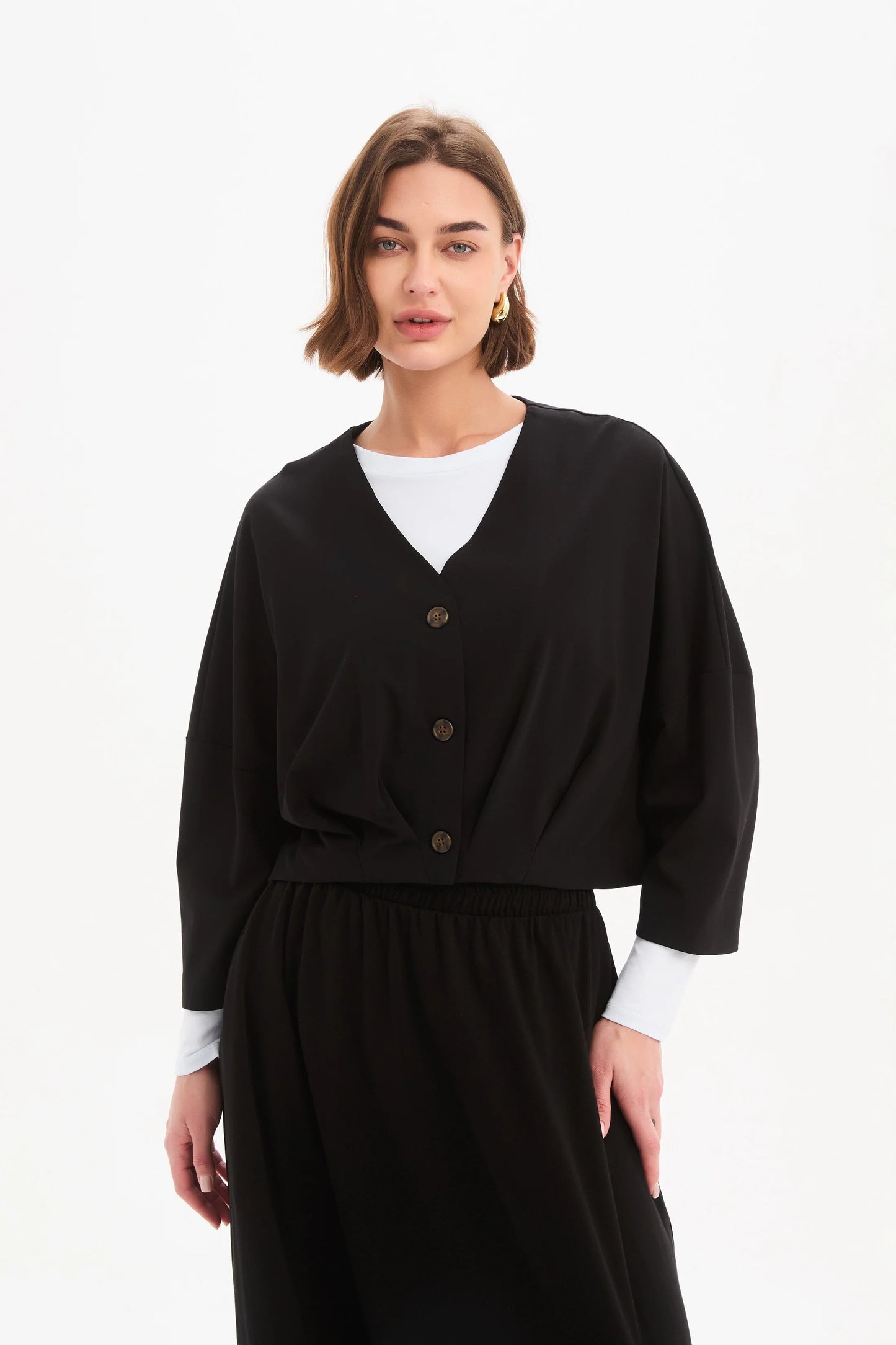 Black Pleat Hem Crop Jersey Cardigan | Tirelli