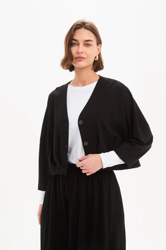 Black Pleat Hem Crop Jersey Cardigan | Tirelli