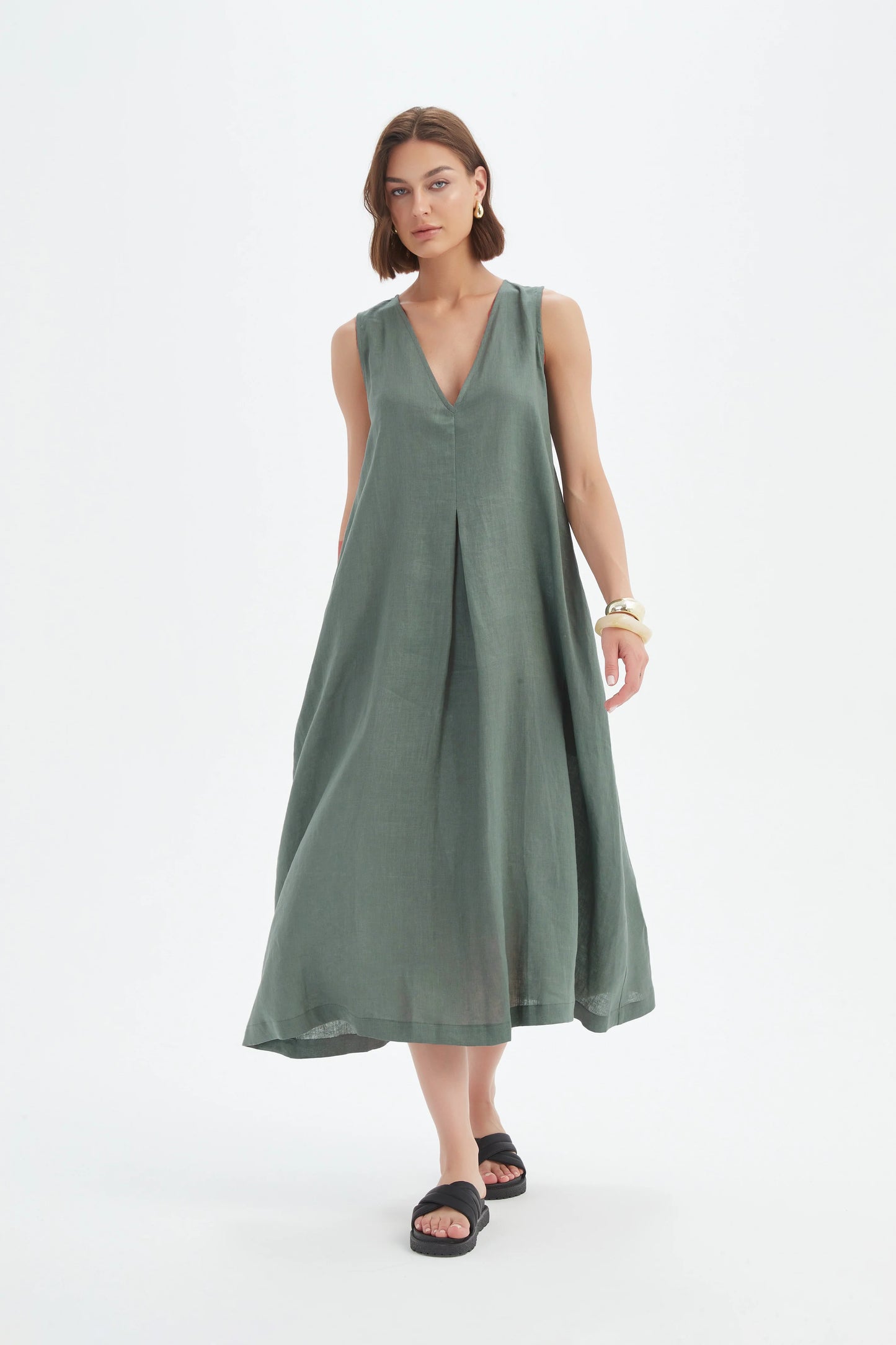 Petrol Inverted Pleat Linen Dress | Tirelli