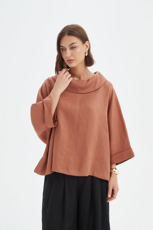 Cedar Funnel Neck Boxy Woven Top | Tirelli
