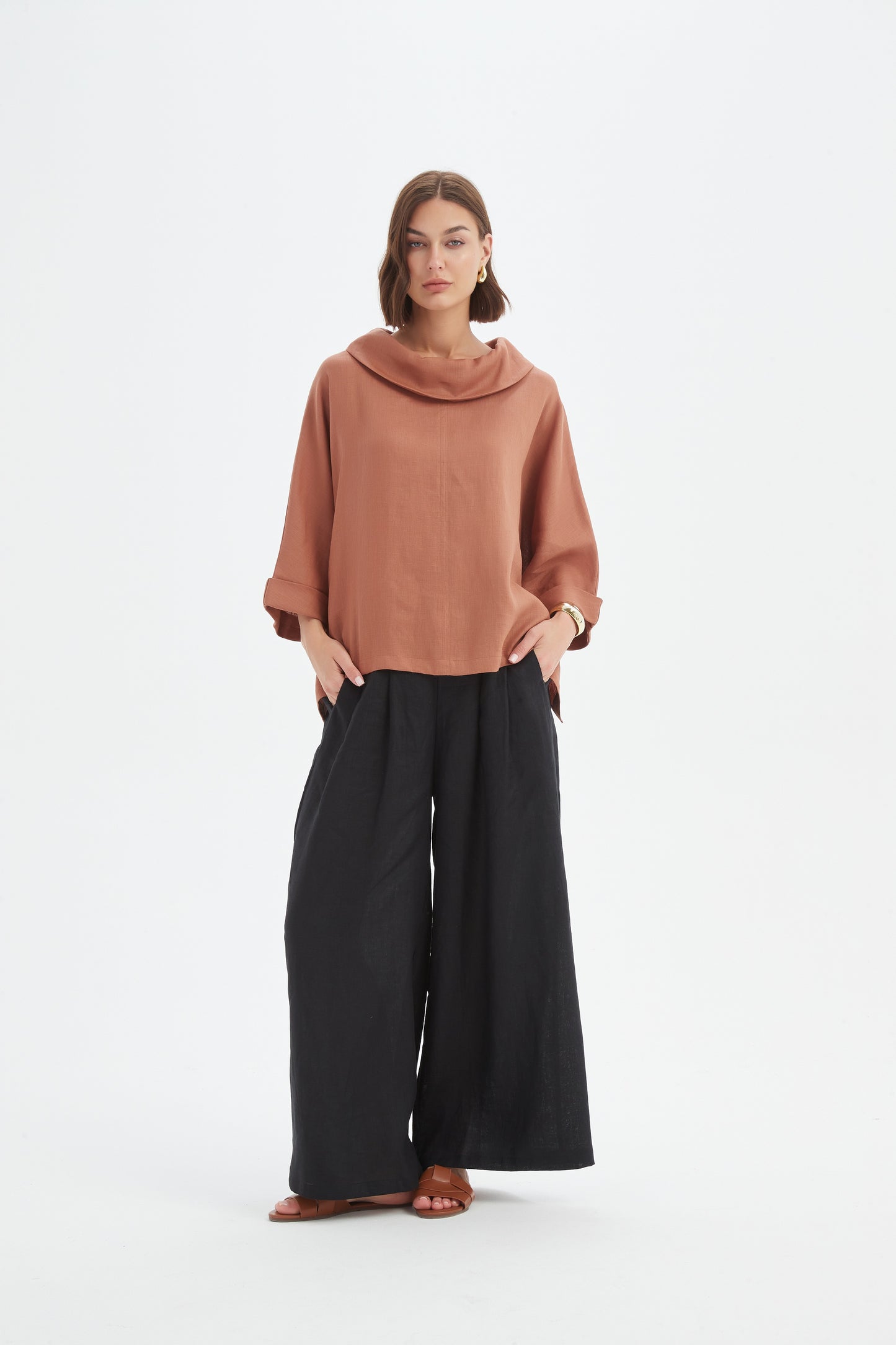 Cedar Funnel Neck Boxy Woven Top | Tirelli