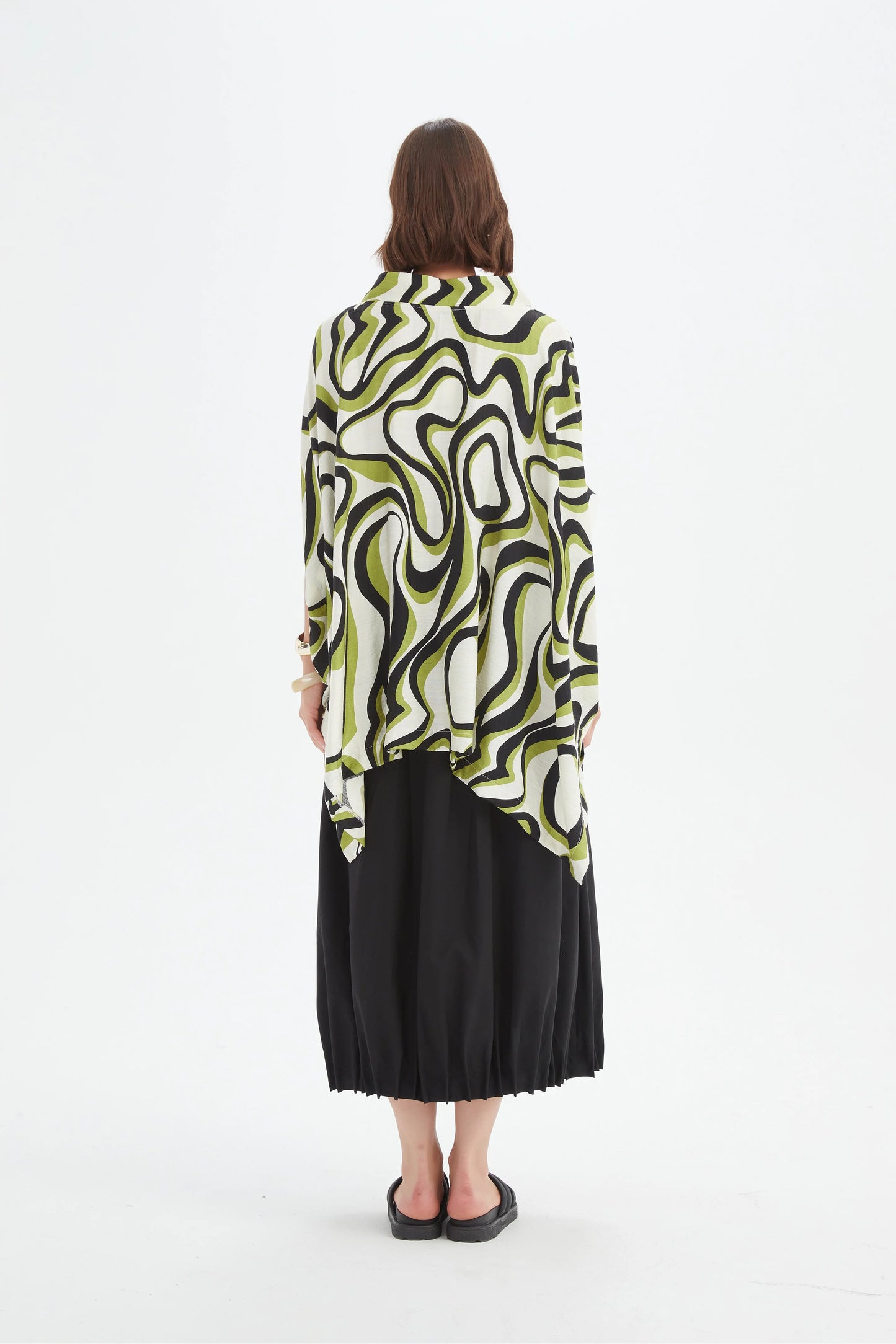 Chartreuse Swirl Print Tunic with Statement Neck | Tirelli