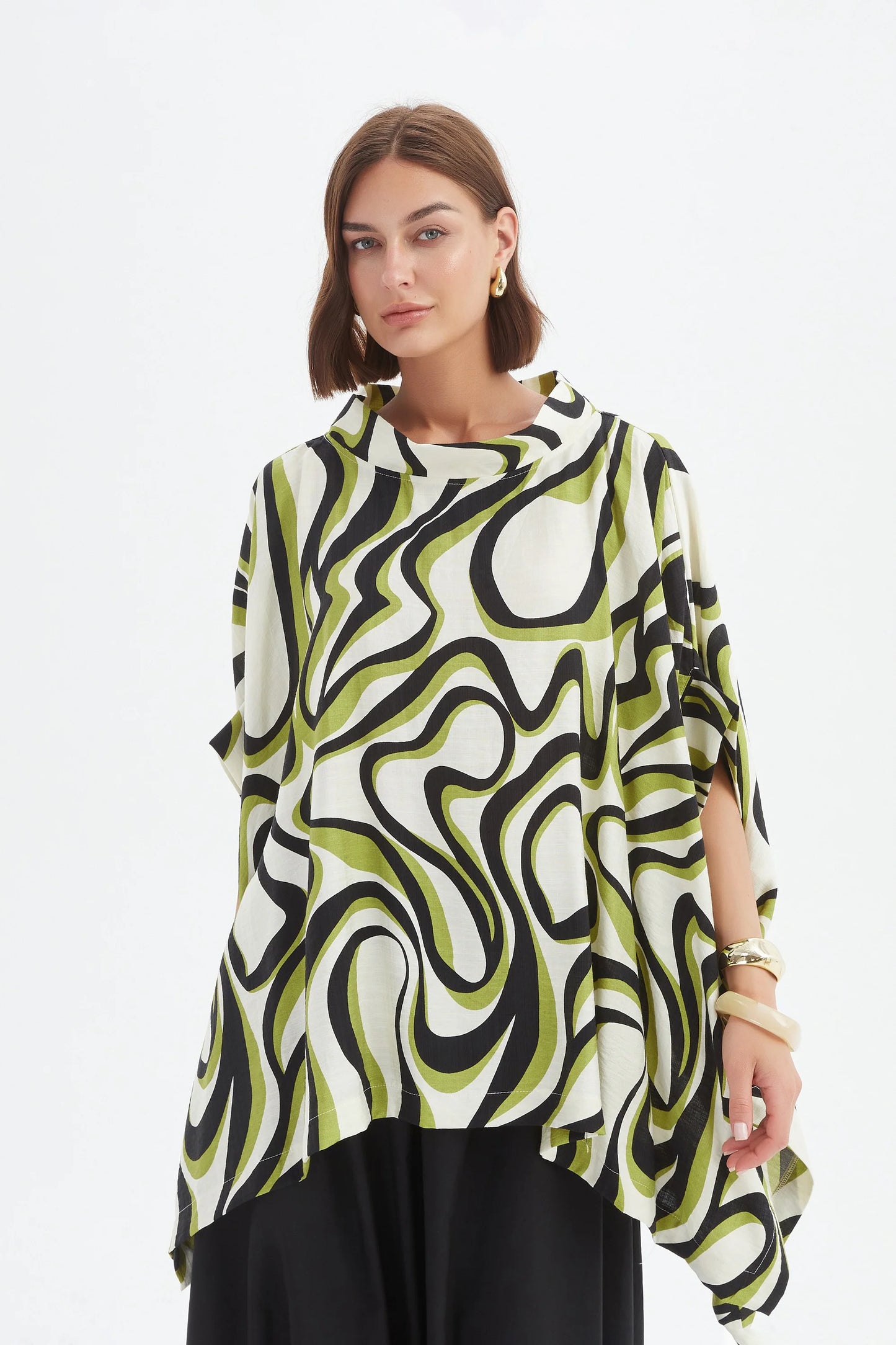 Chartreuse Swirl Print Tunic with Statement Neck | Tirelli