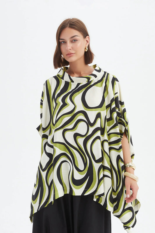 Chartreuse Swirl Print Tunic with Statement Neck | Tirelli