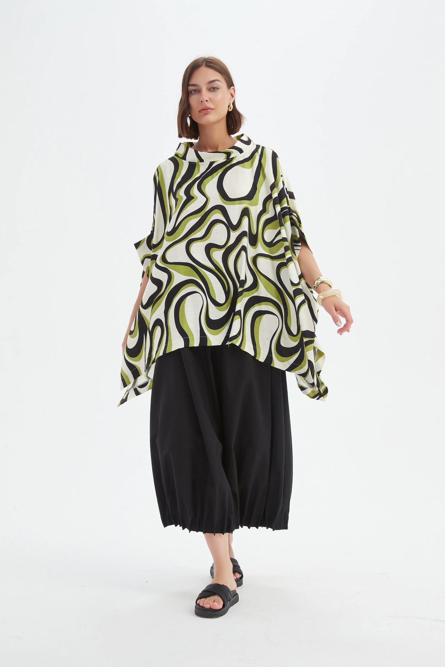 Chartreuse Swirl Print Tunic with Statement Neck | Tirelli