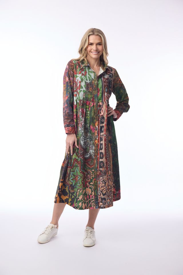 Vintage Print Cotton Midi Shirt Dress | Orientique