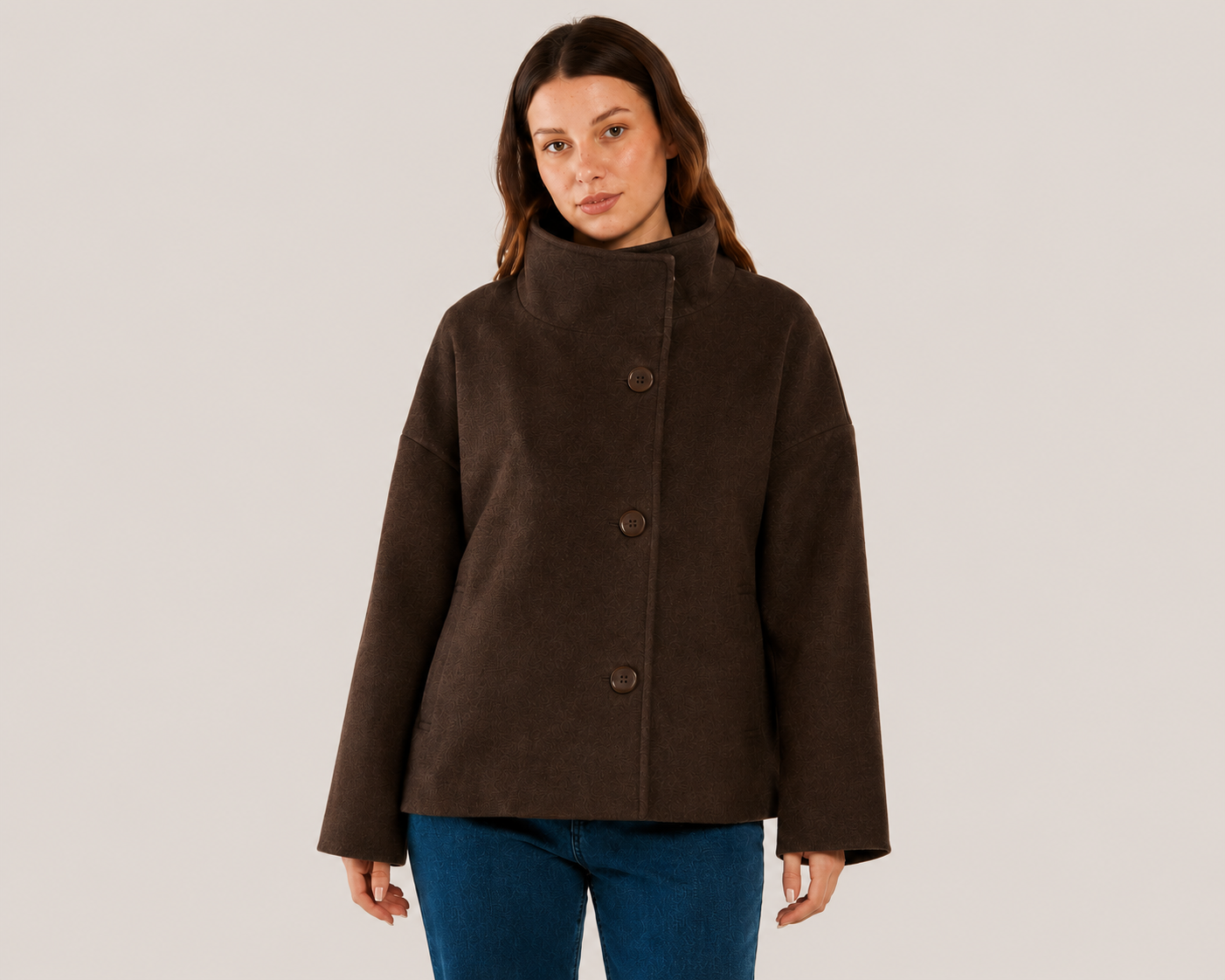 Chocolate Brown Funnel Neck Jacket | Betty Basics