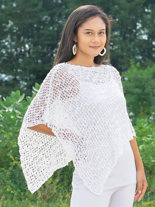 Knitted Popcorn Poncho - White