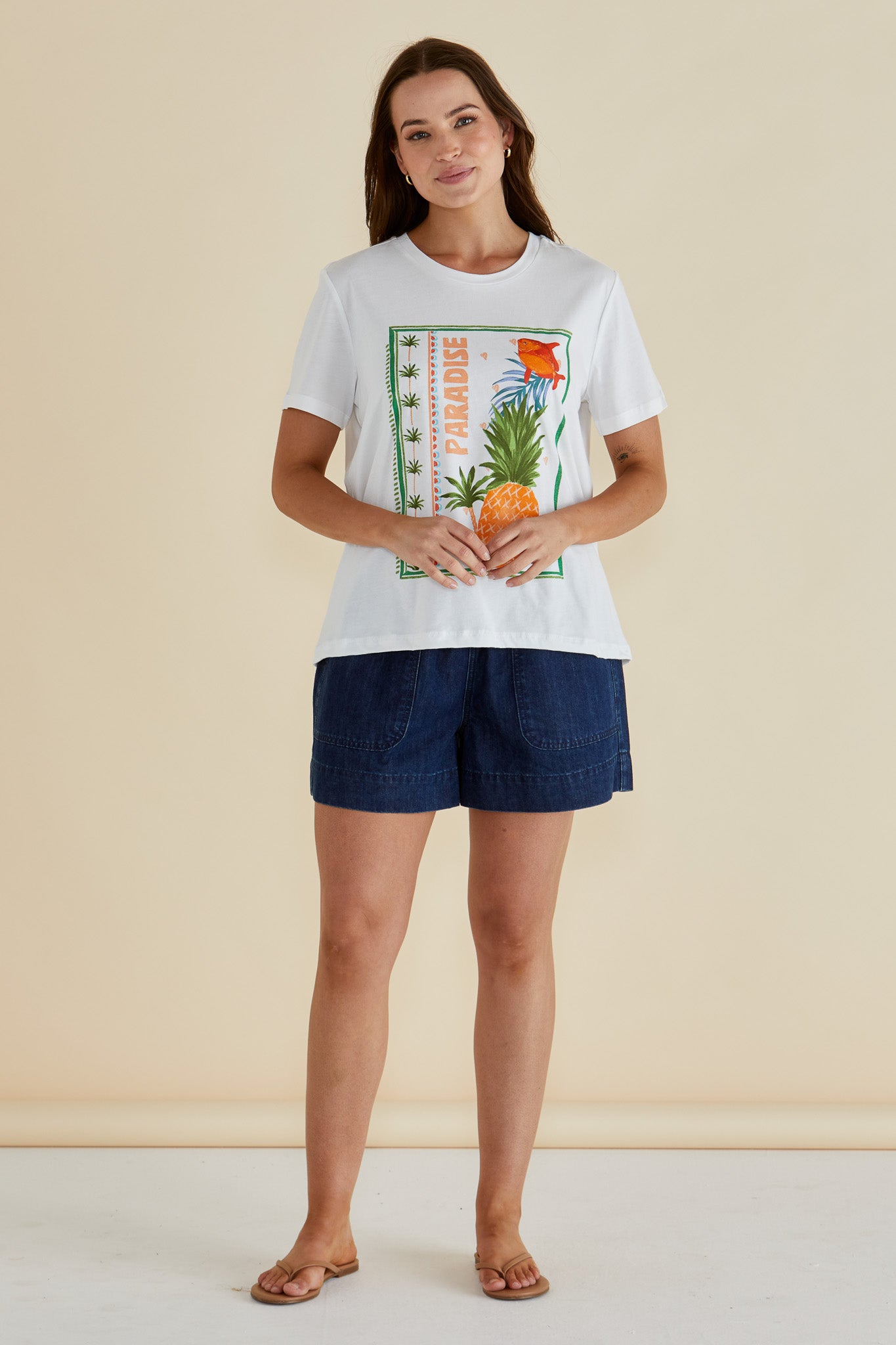 Crew Neck Paradise Beach Print Crew T.Shirt - Ellia | Betty Basics Style 1092PBP