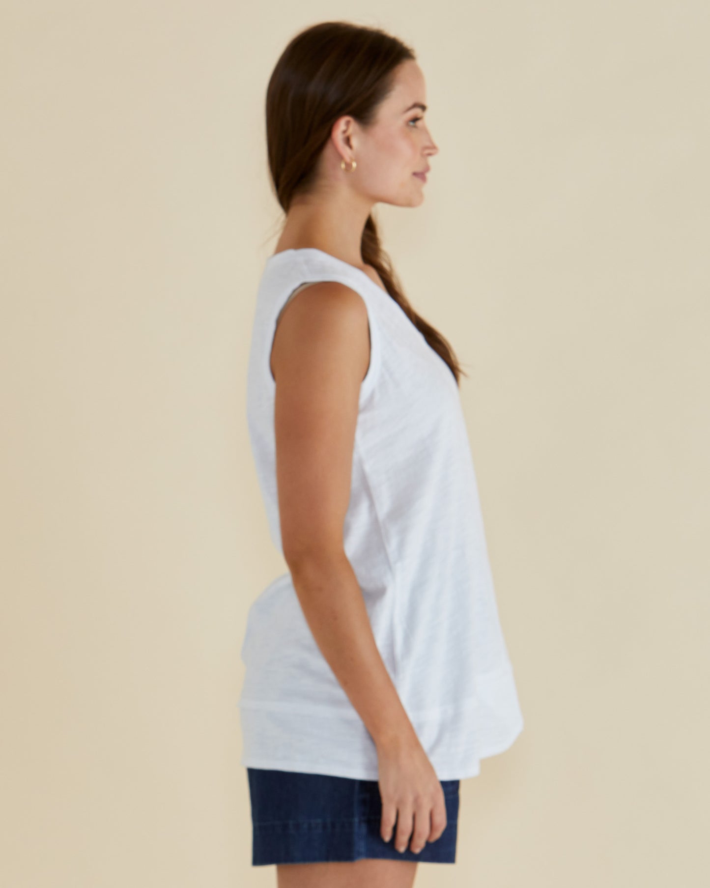 V.Neck Longer Style White Sleeveless Top - Mariah | Betty Basics Style 1093