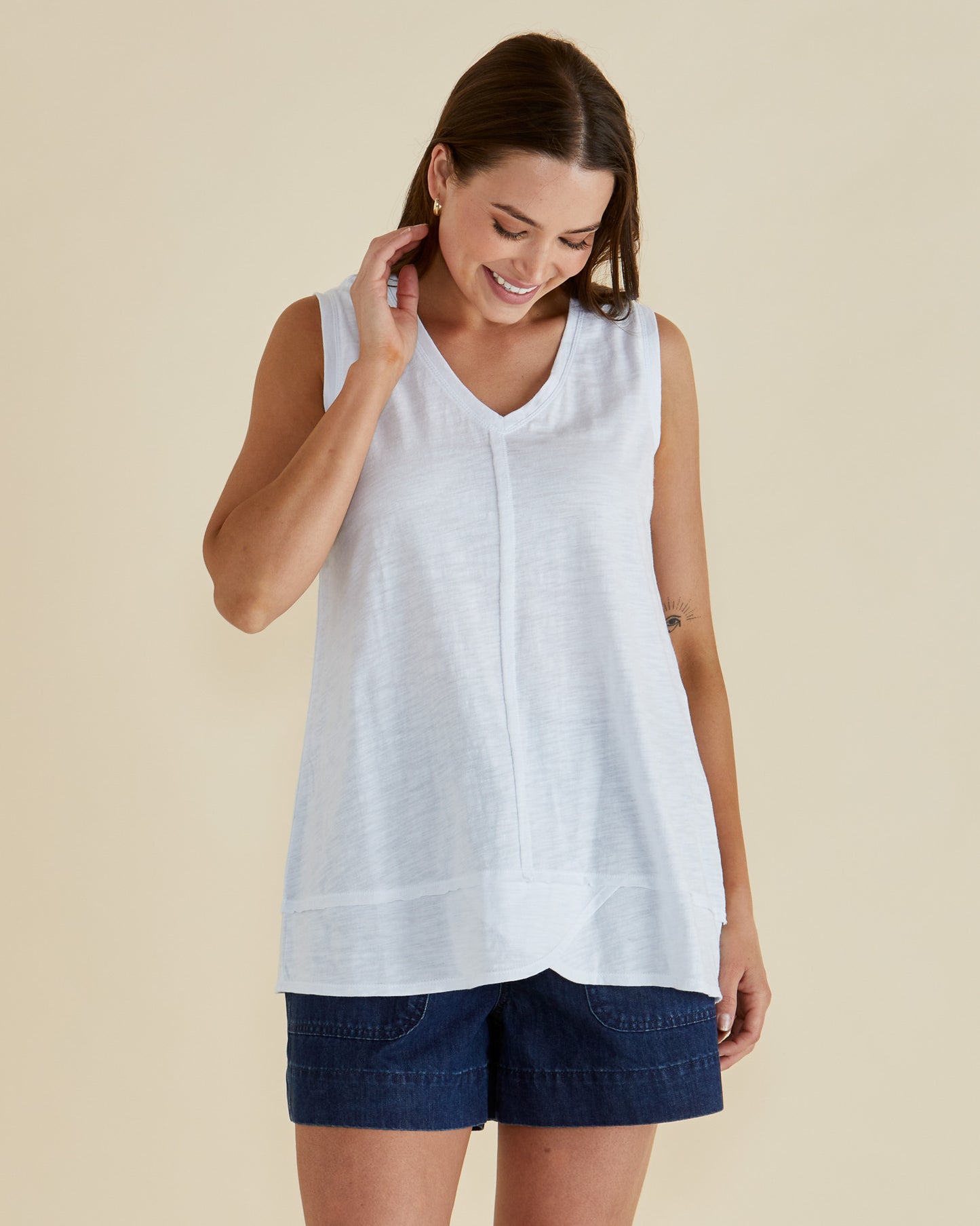 V.Neck Longer Style White Sleeveless Top - Mariah | Betty Basics Style 1093