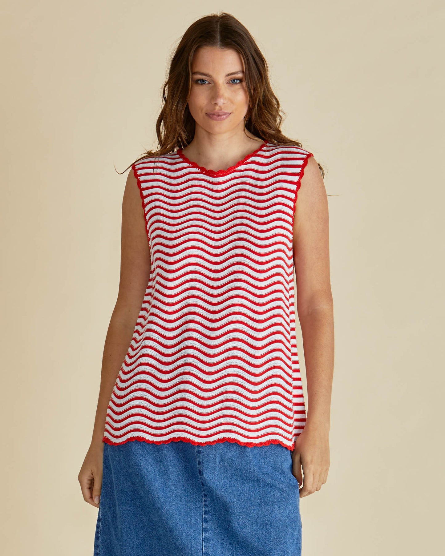 Round Neck Sleeveless Red/White Stripe Top - Aviva | Betty Basics Style 4087