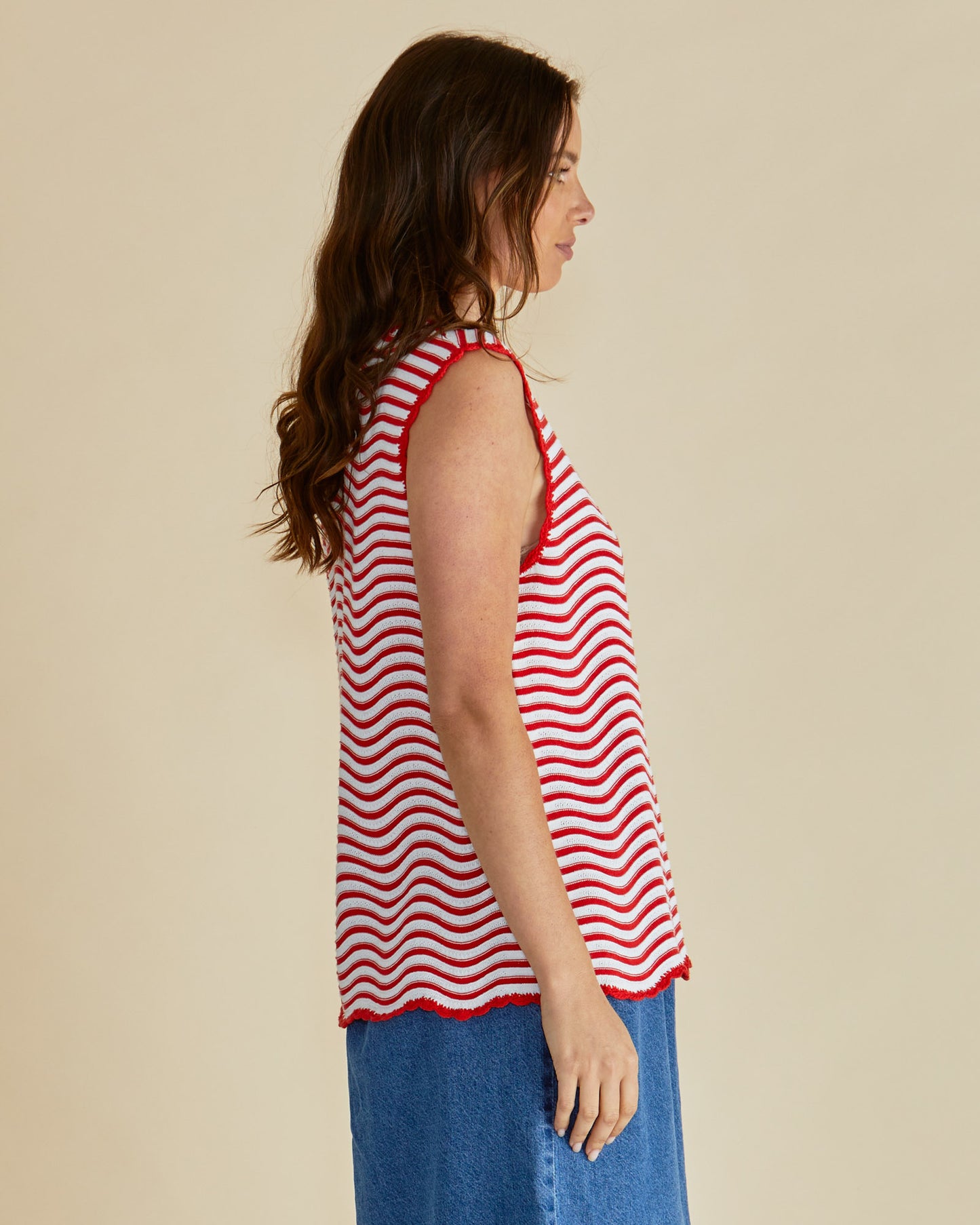 Round Neck Sleeveless Red/White Stripe Top - Aviva | Betty Basics Style 4087