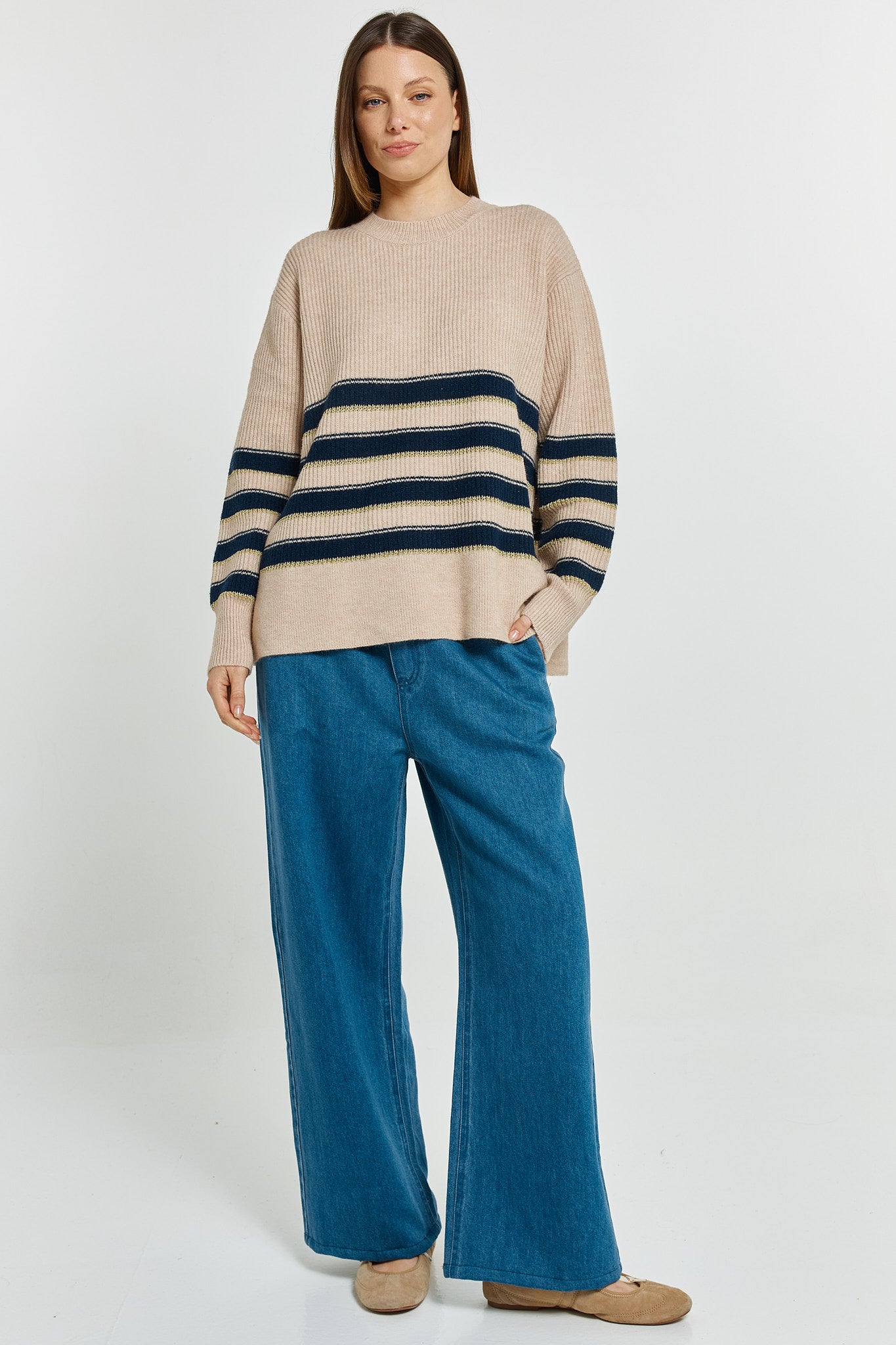 Navy/Cream/Gold Stripe Camryn Sweater | Betty Basics