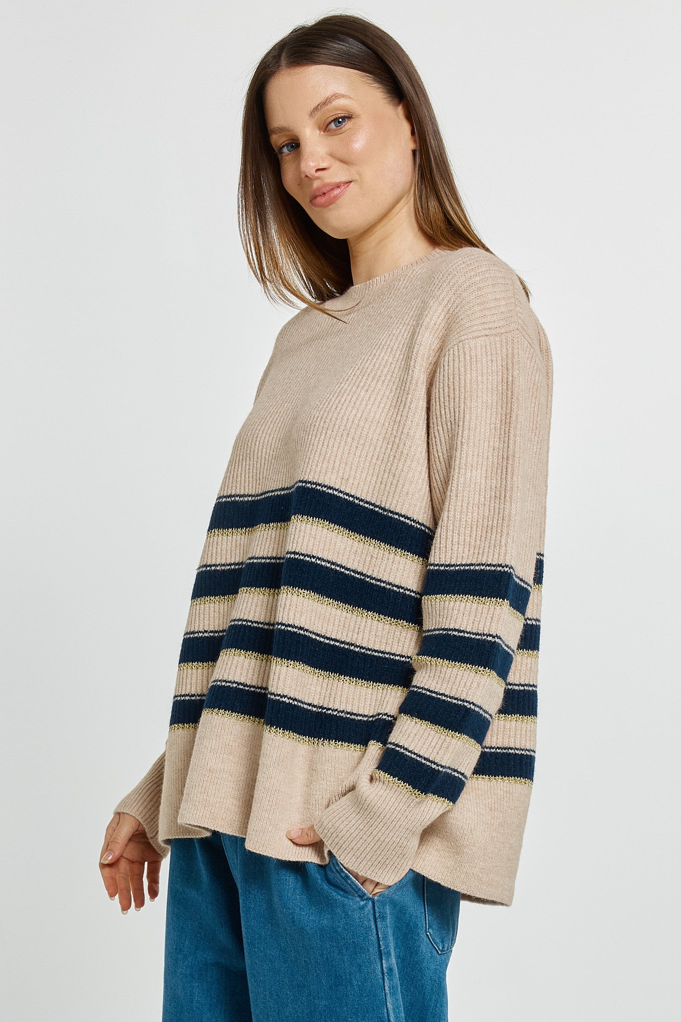Navy/Cream/Gold Stripe Camryn Sweater | Betty Basics