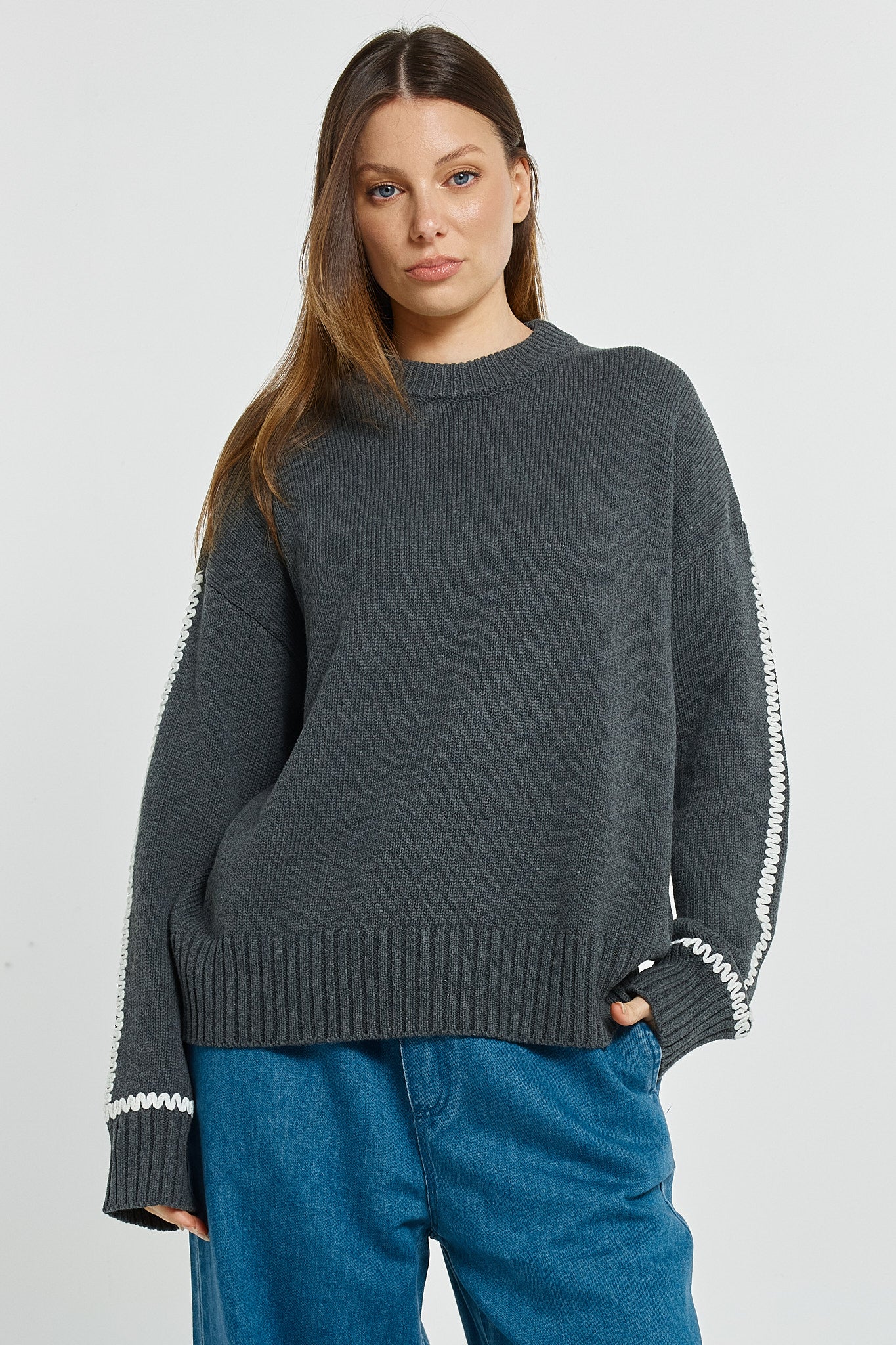 Charcoal Sweater with Contrast Stitch | Betty Basics