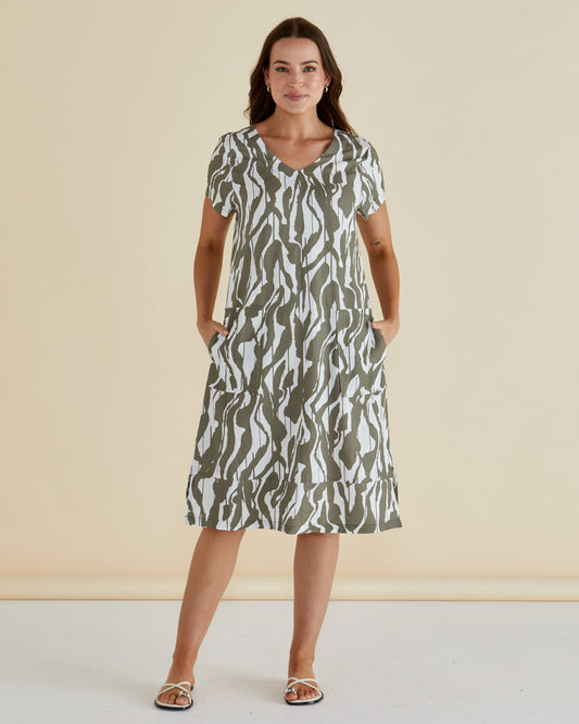 Olive Green & White Geometric Print Dress - Elwood | Betty Basics Style 8390