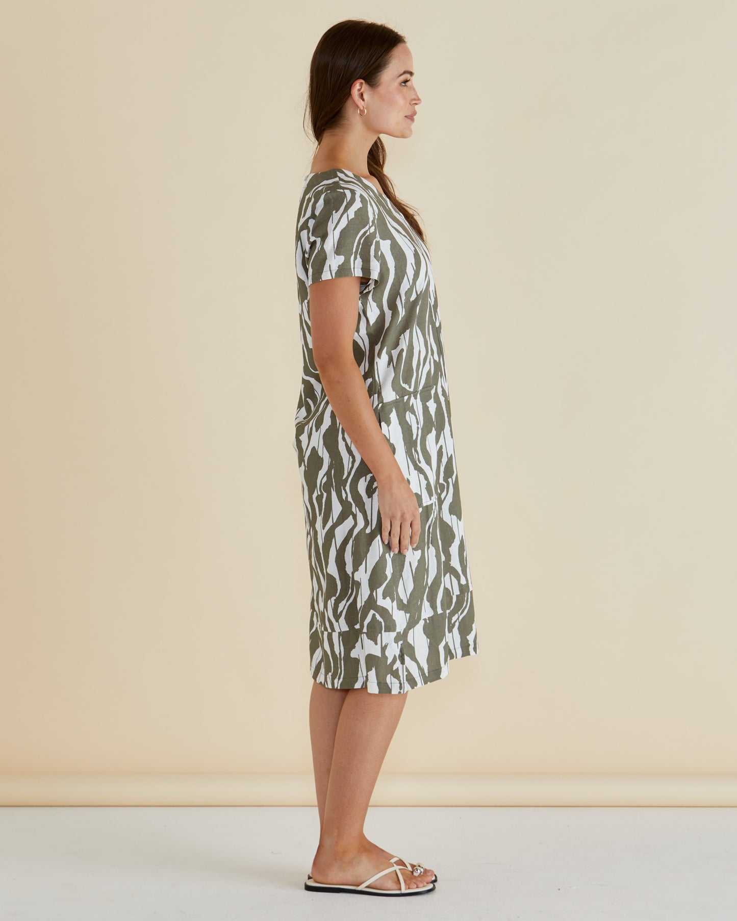Olive Green & White Geometric Print Dress - Elwood | Betty Basics Style 8390