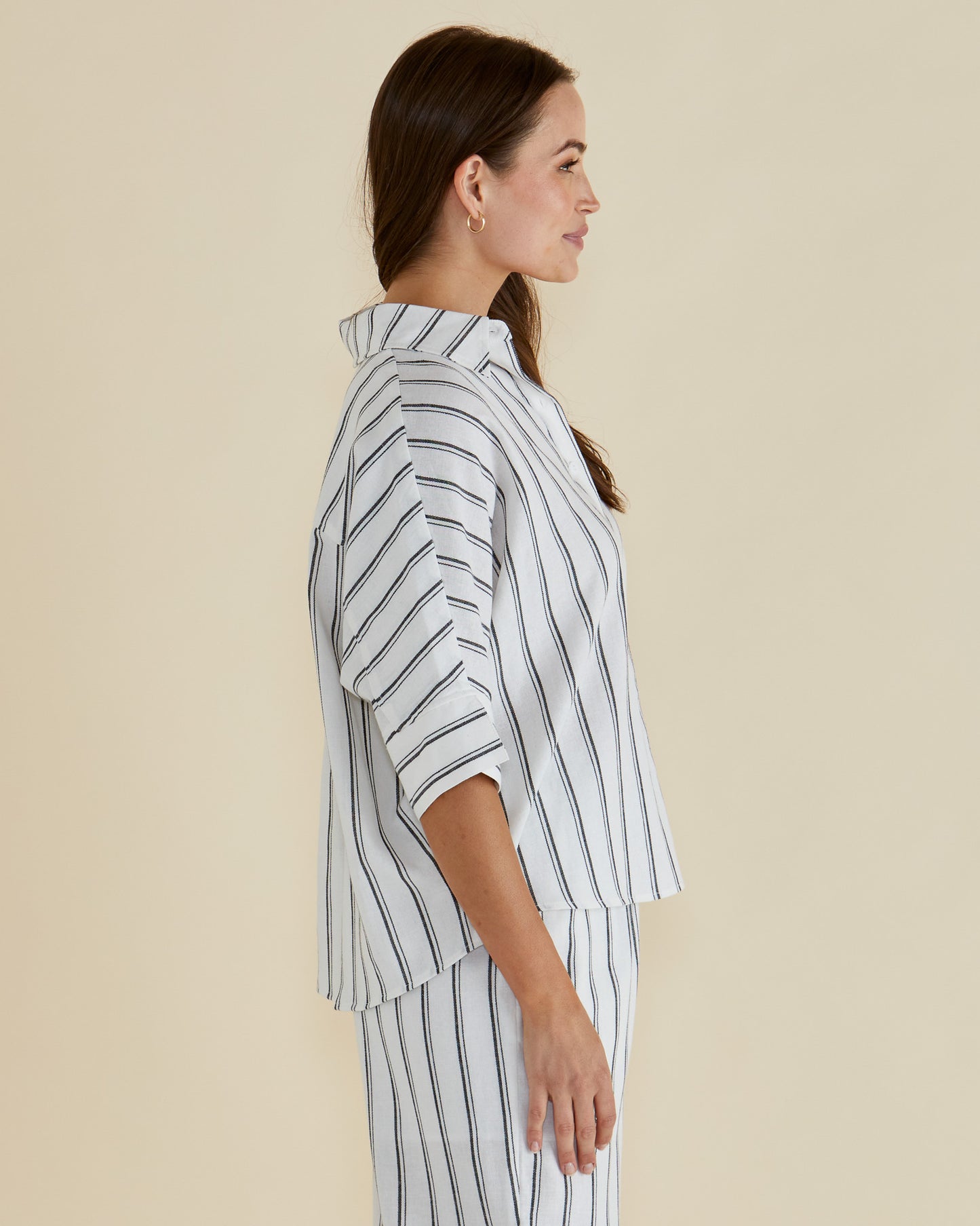White/Black Stripe Oversized Linen Blend Shirt - Lynwood | Betty Basics Style 8435