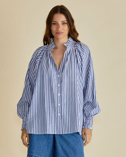 Blue/White Striped Oversized Linen Blend Shirt - Romi | Betty Basics Style 8500