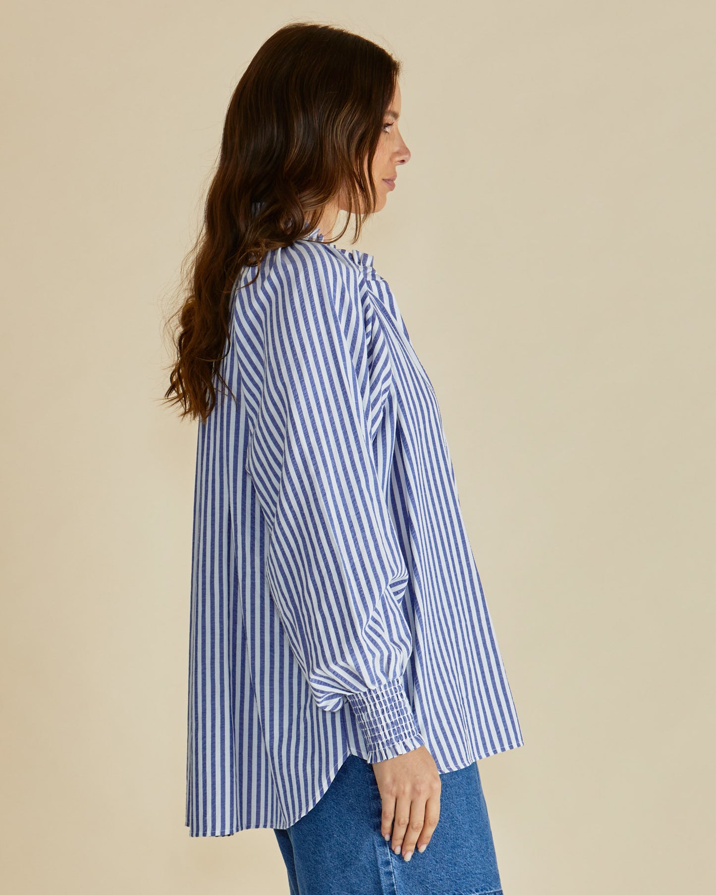 Blue/White Striped Oversized Linen Blend Shirt - Romi | Betty Basics Style 8500