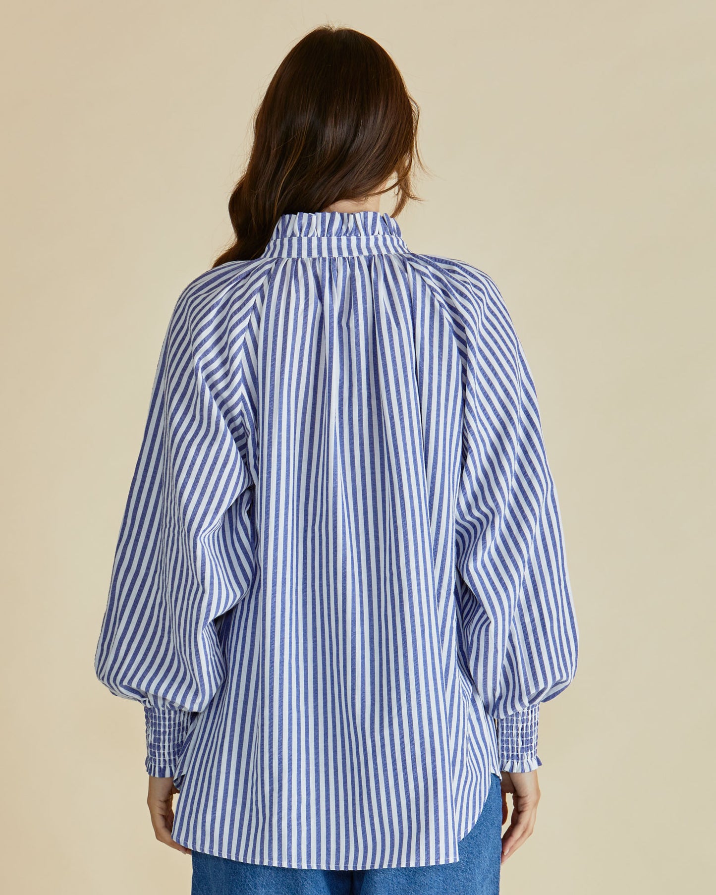 Blue/White Striped Oversized Linen Blend Shirt - Romi | Betty Basics Style 8500