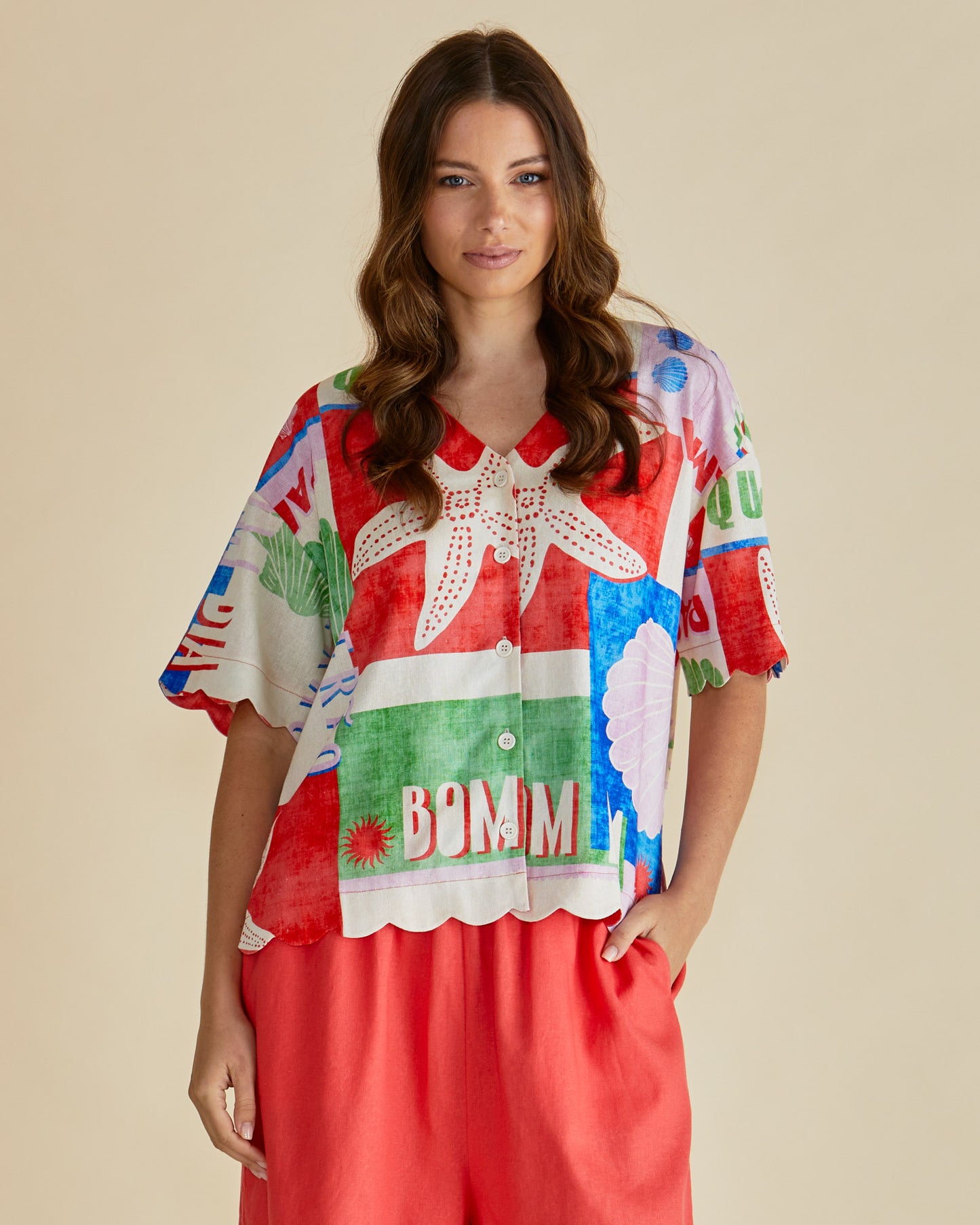 Seashell Print Oversized Linen Blend Shirt - Sea Scarlett | Betty Basics Style 8511