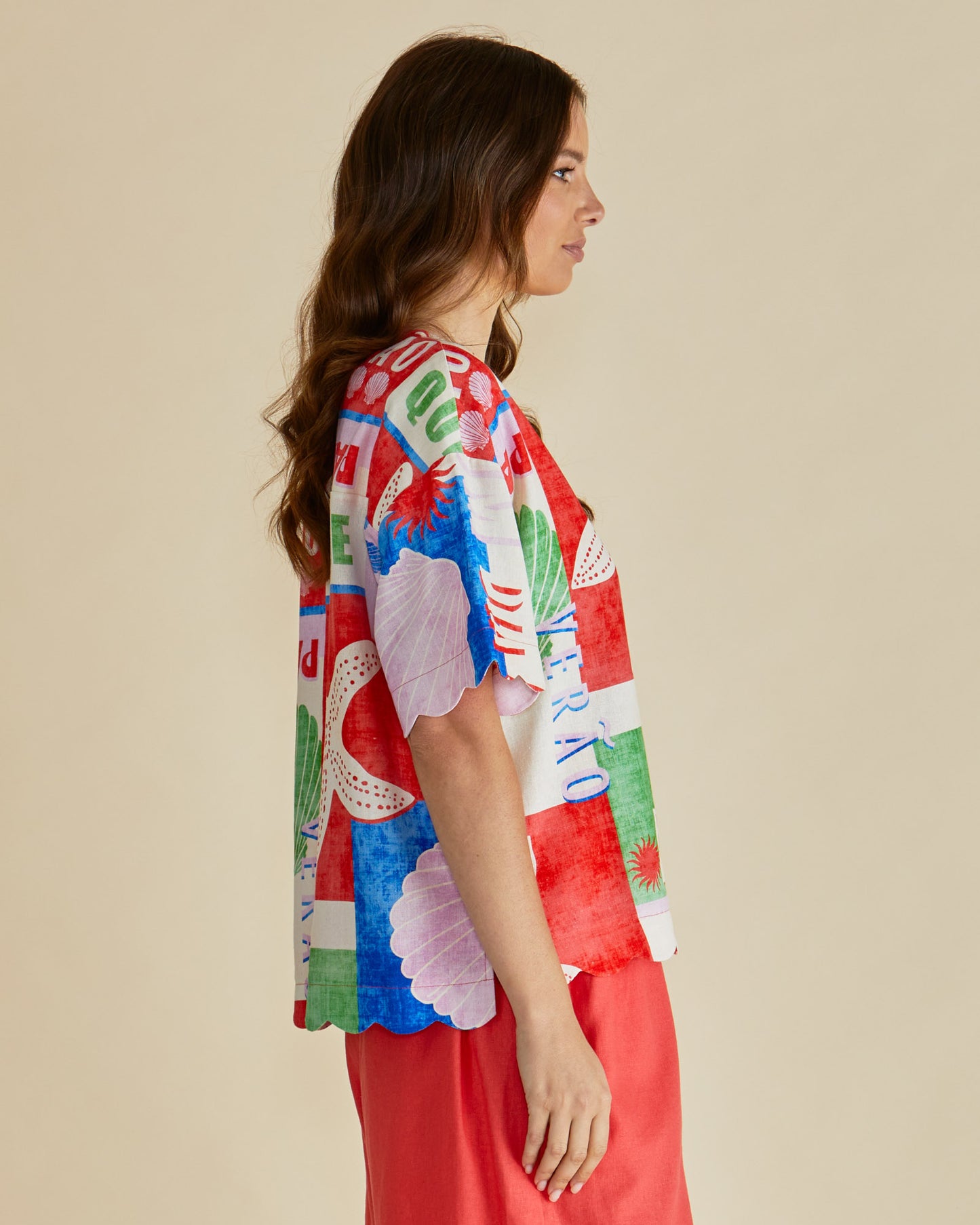 Seashell Print Oversized Linen Blend Shirt - Sea Scarlett | Betty Basics Style 8511
