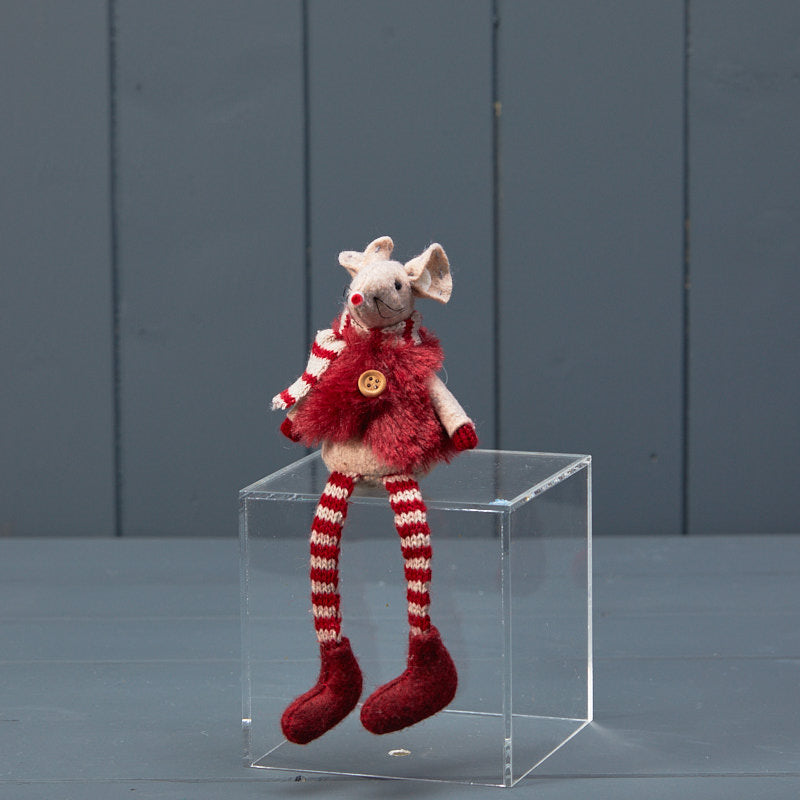 Red Stripey Fabric Mouse in Fur Gilet | Satchville